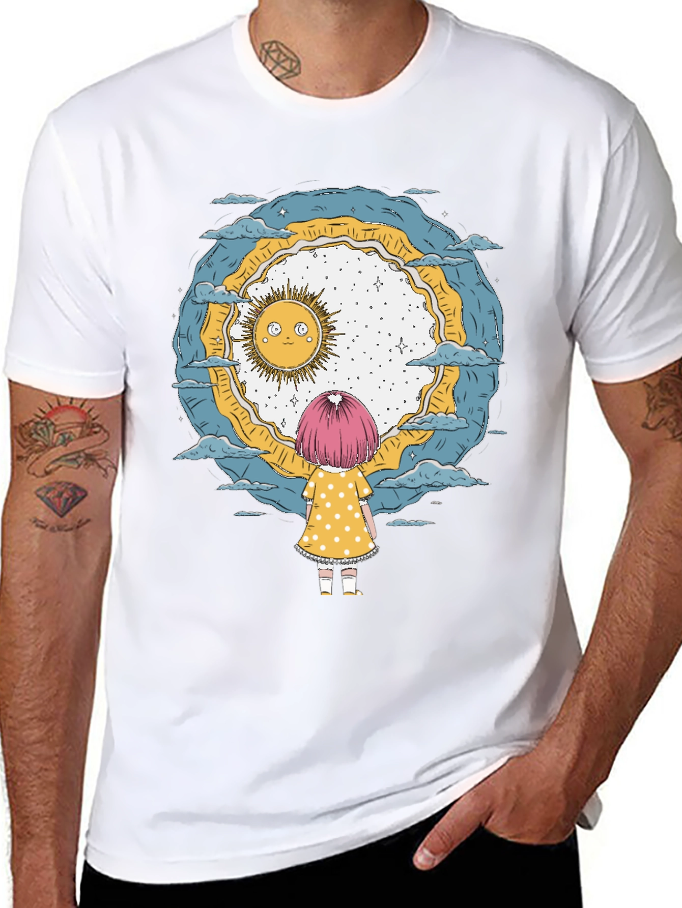 Whimsical Girl & Sun Graphic T-Shirt