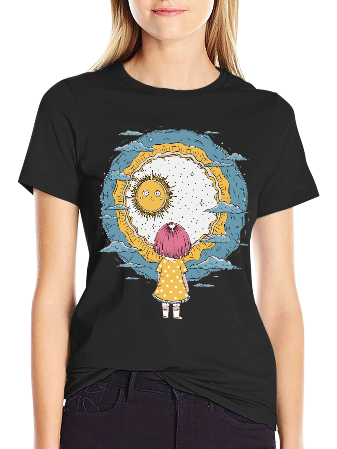 Whimsical Girl & Sun Graphic T-Shirt