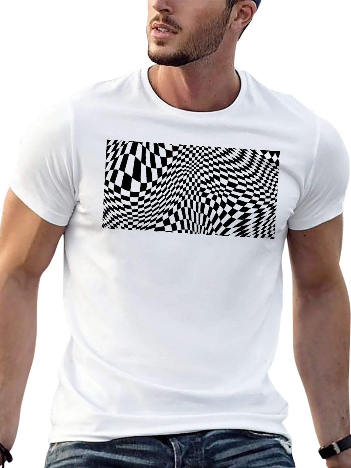 Mens Black Graphic Tee - Wavy Checkerboard Design