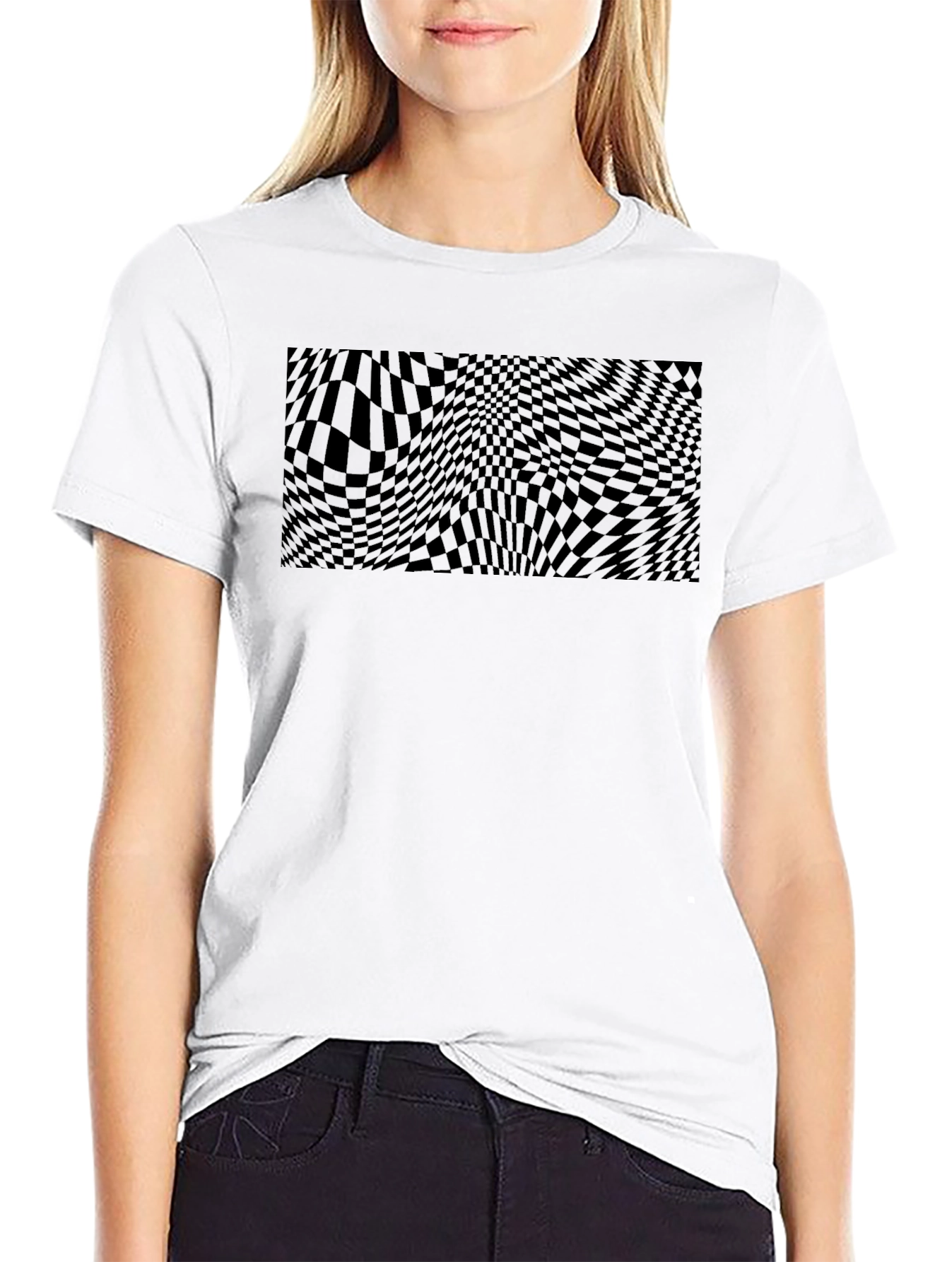Mens Black Graphic Tee - Wavy Checkerboard Design