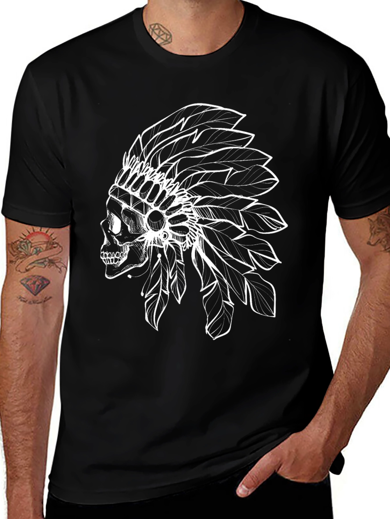 Black T-Shirt with Skull Headdress Design