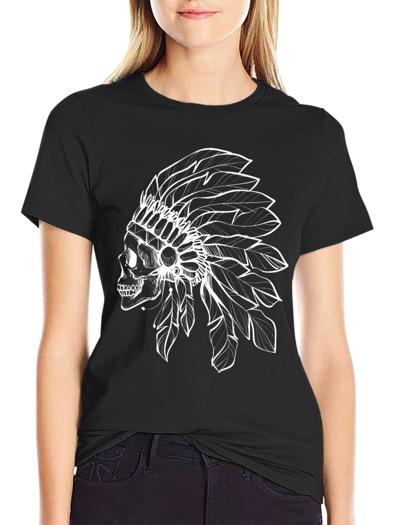 Black T-Shirt with Skull Headdress Design