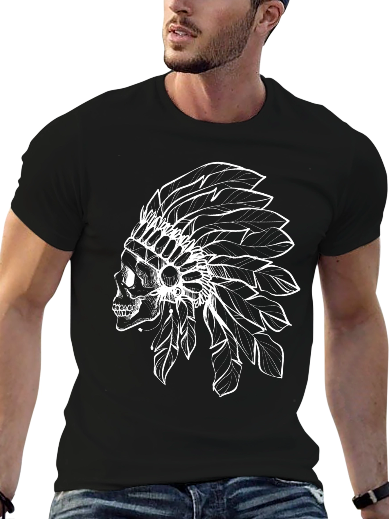 Black T-Shirt with Skull Headdress Design