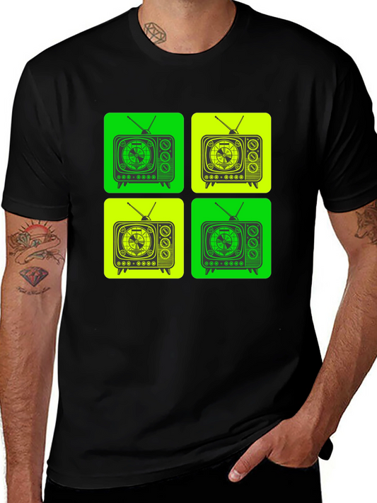Retro TV Pattern T-Shirt - Black