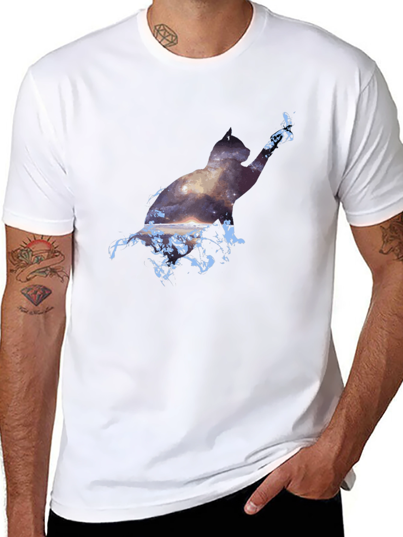 Cosmic Cat Black T-Shirt - Galaxy Silhouette