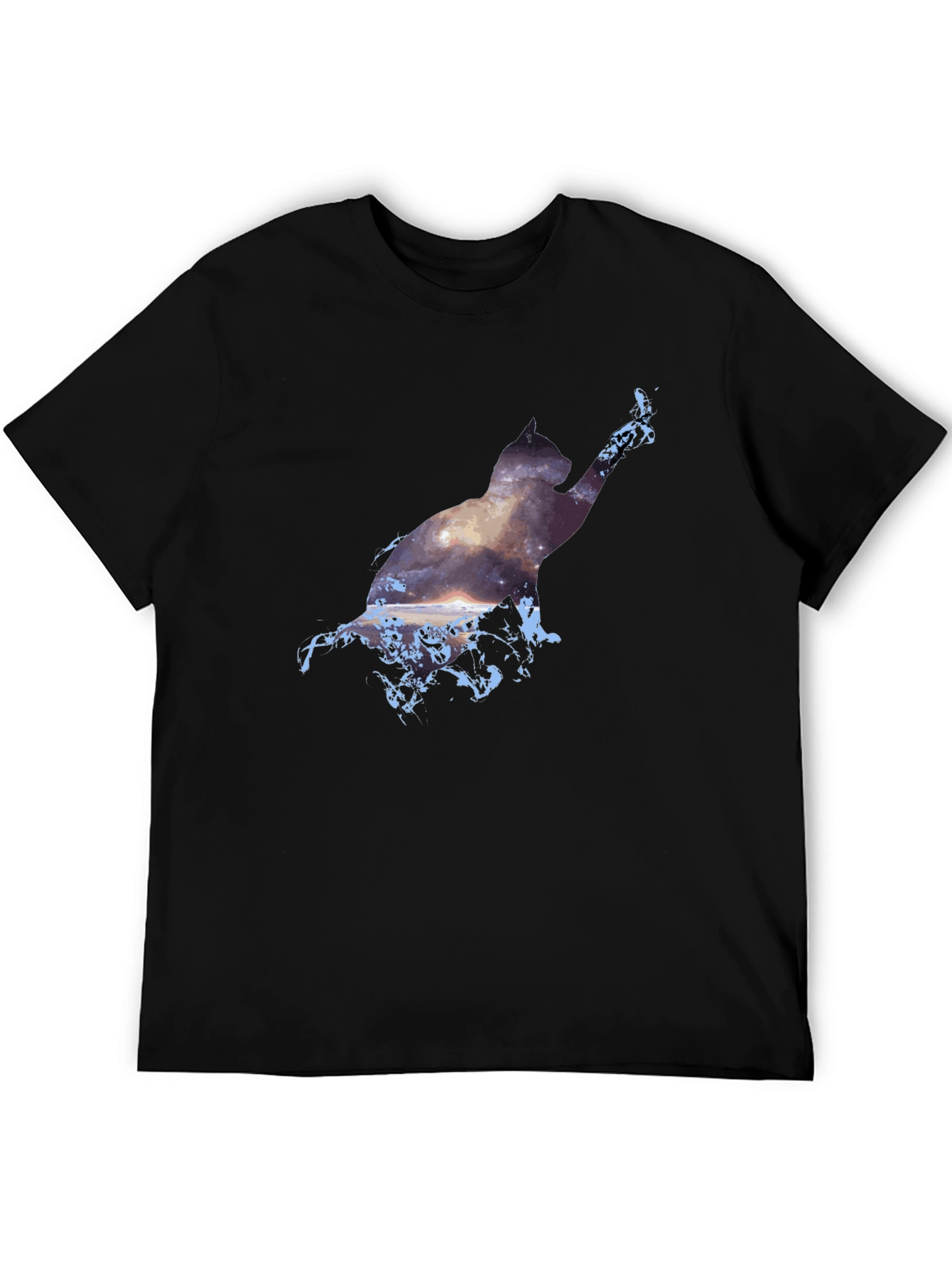 Cosmic Cat Black T-Shirt - Galaxy Silhouette