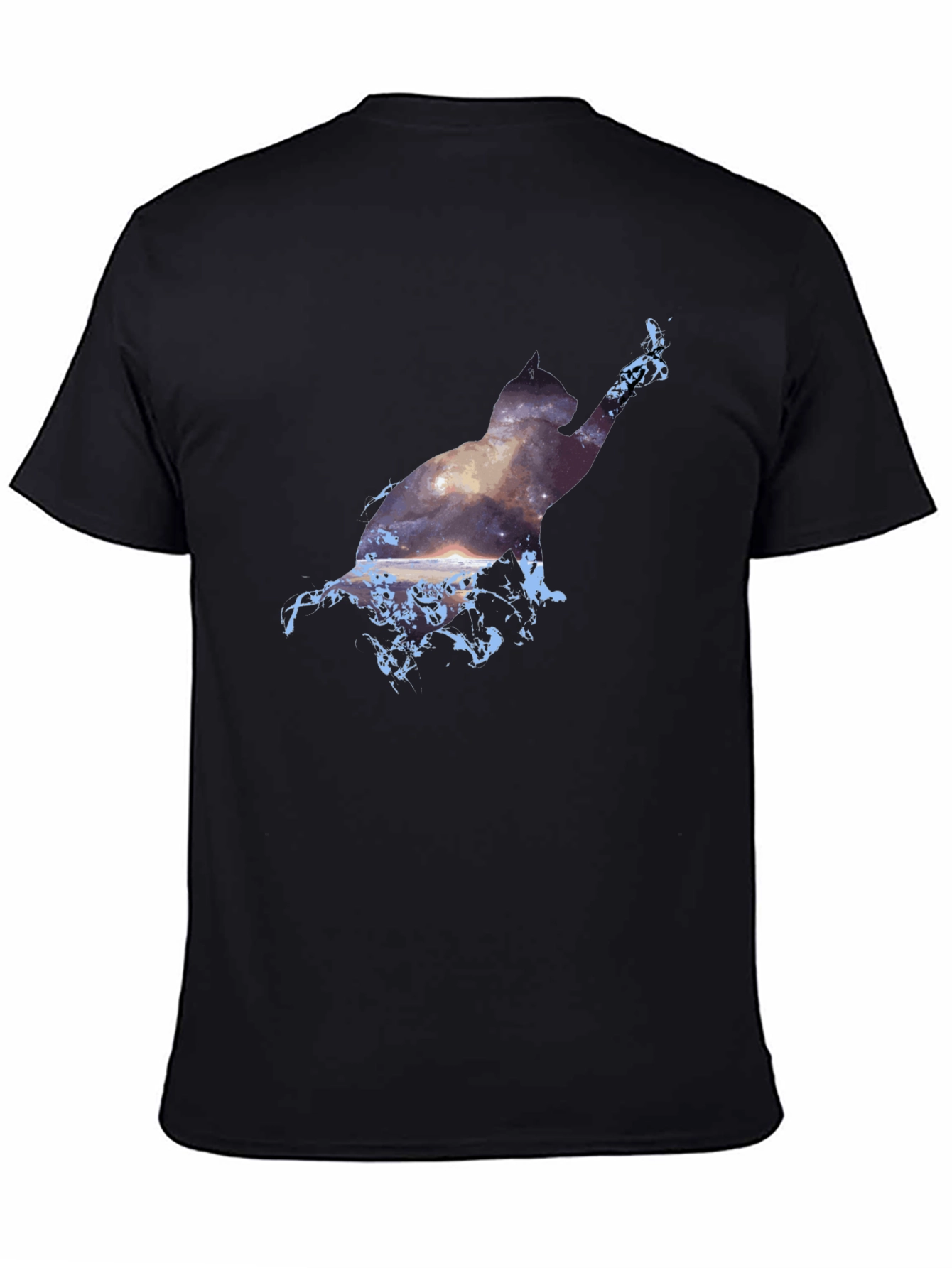 Cosmic Cat Black T-Shirt - Galaxy Silhouette