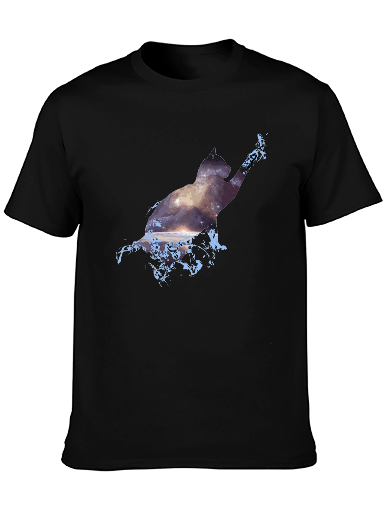 Cosmic Cat Black T-Shirt - Galaxy Silhouette