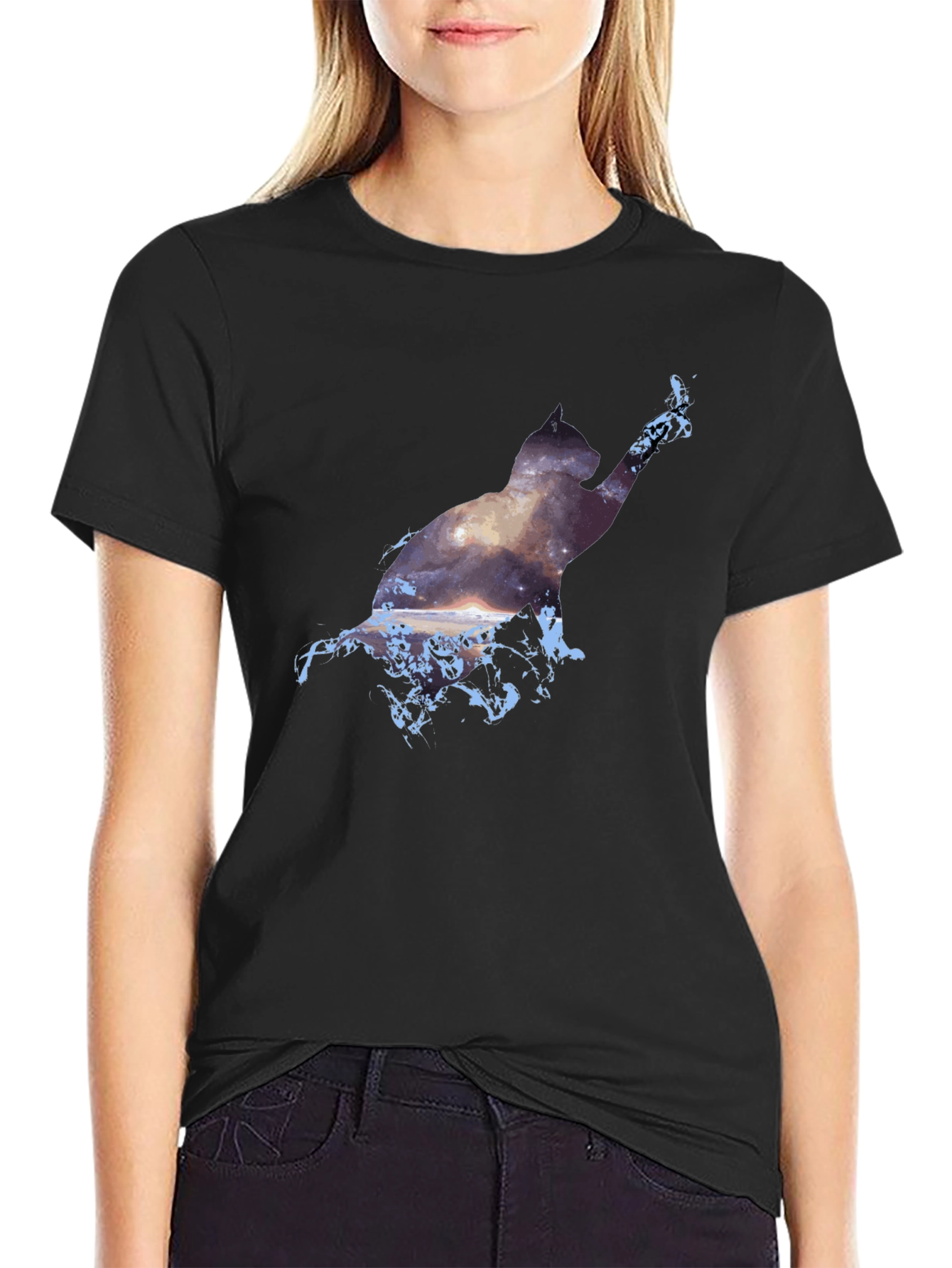 Cosmic Cat Black T-Shirt - Galaxy Silhouette
