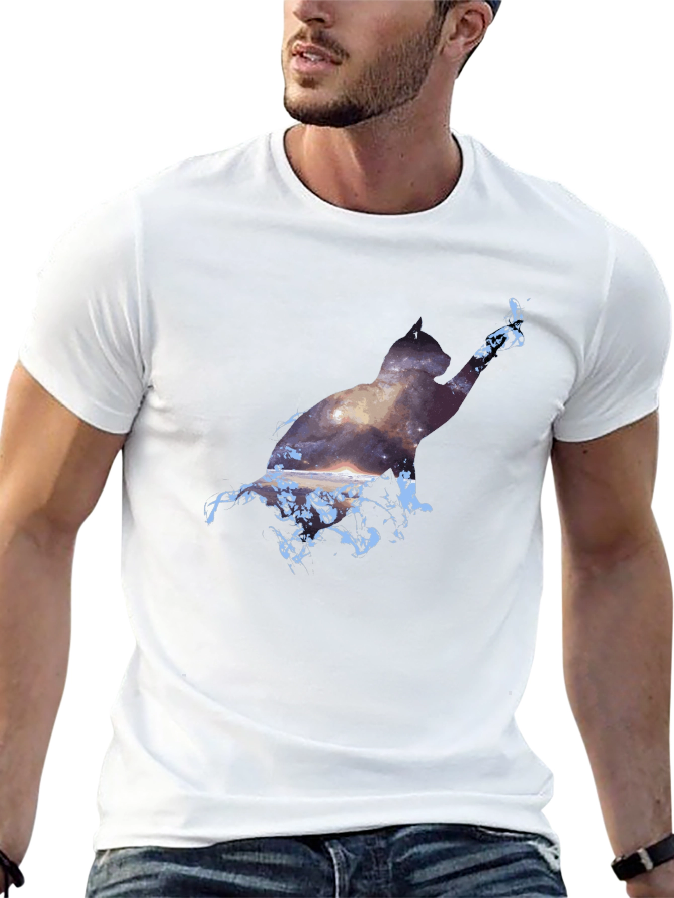 Cosmic Cat Black T-Shirt - Galaxy Silhouette