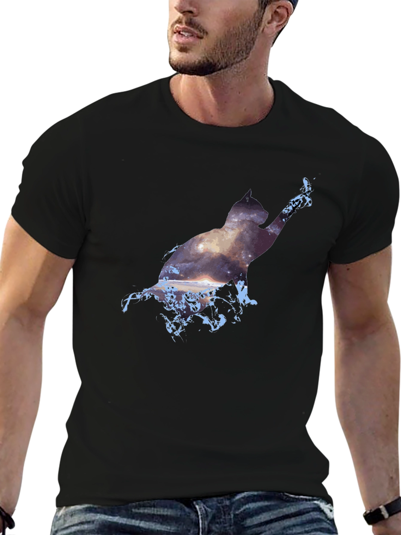 Cosmic Cat Black T-Shirt - Galaxy Silhouette
