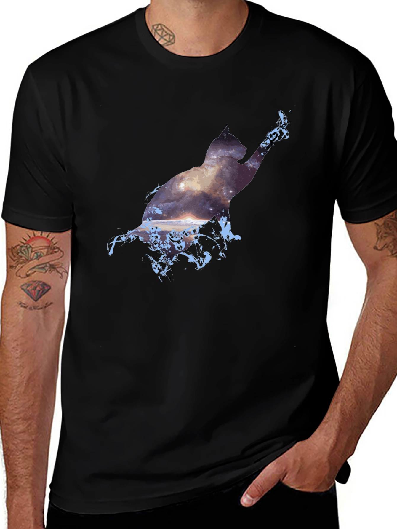 Cosmic Cat Black T-Shirt - Galaxy Silhouette