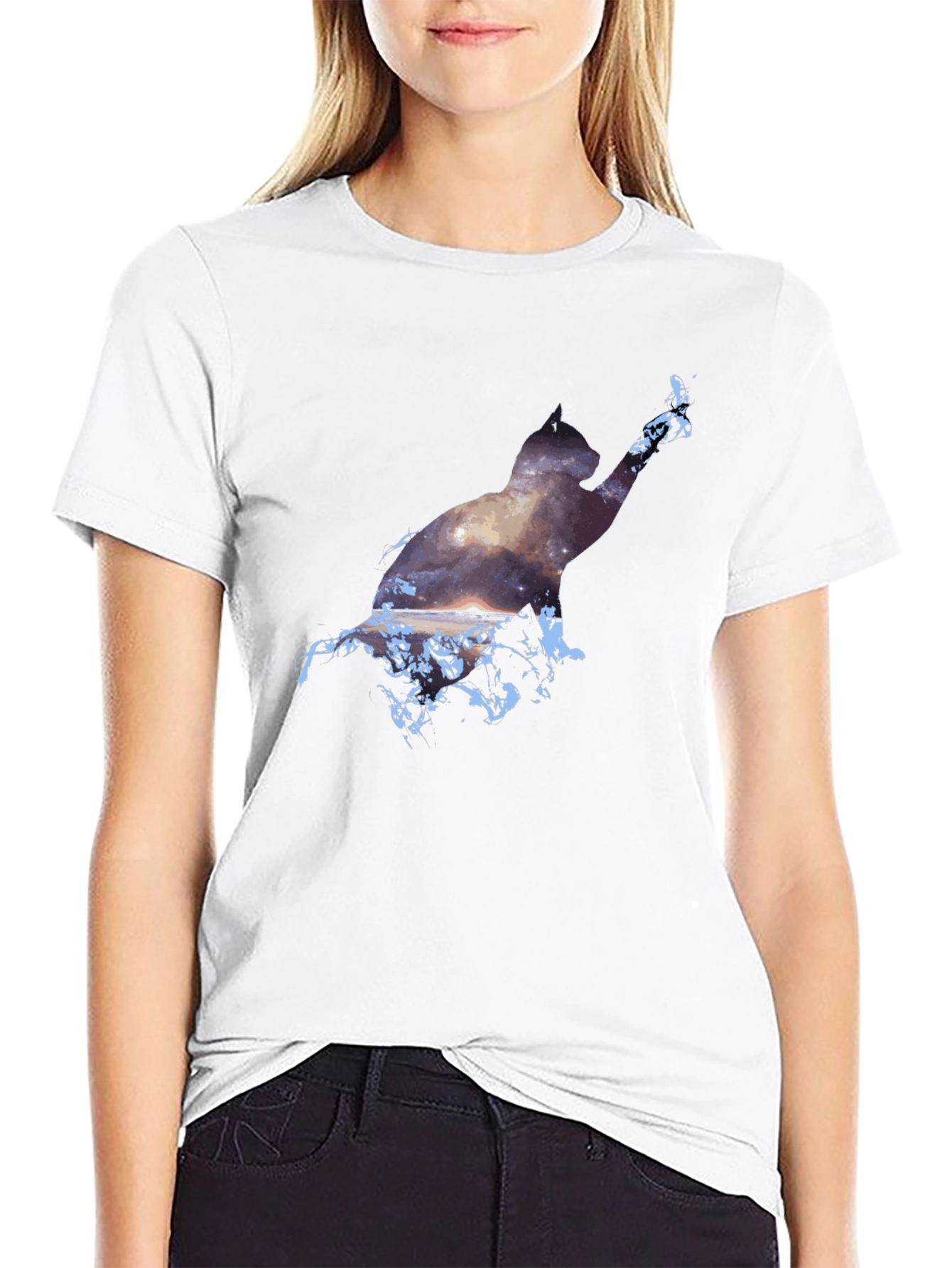 Cosmic Cat Black T-Shirt - Galaxy Silhouette