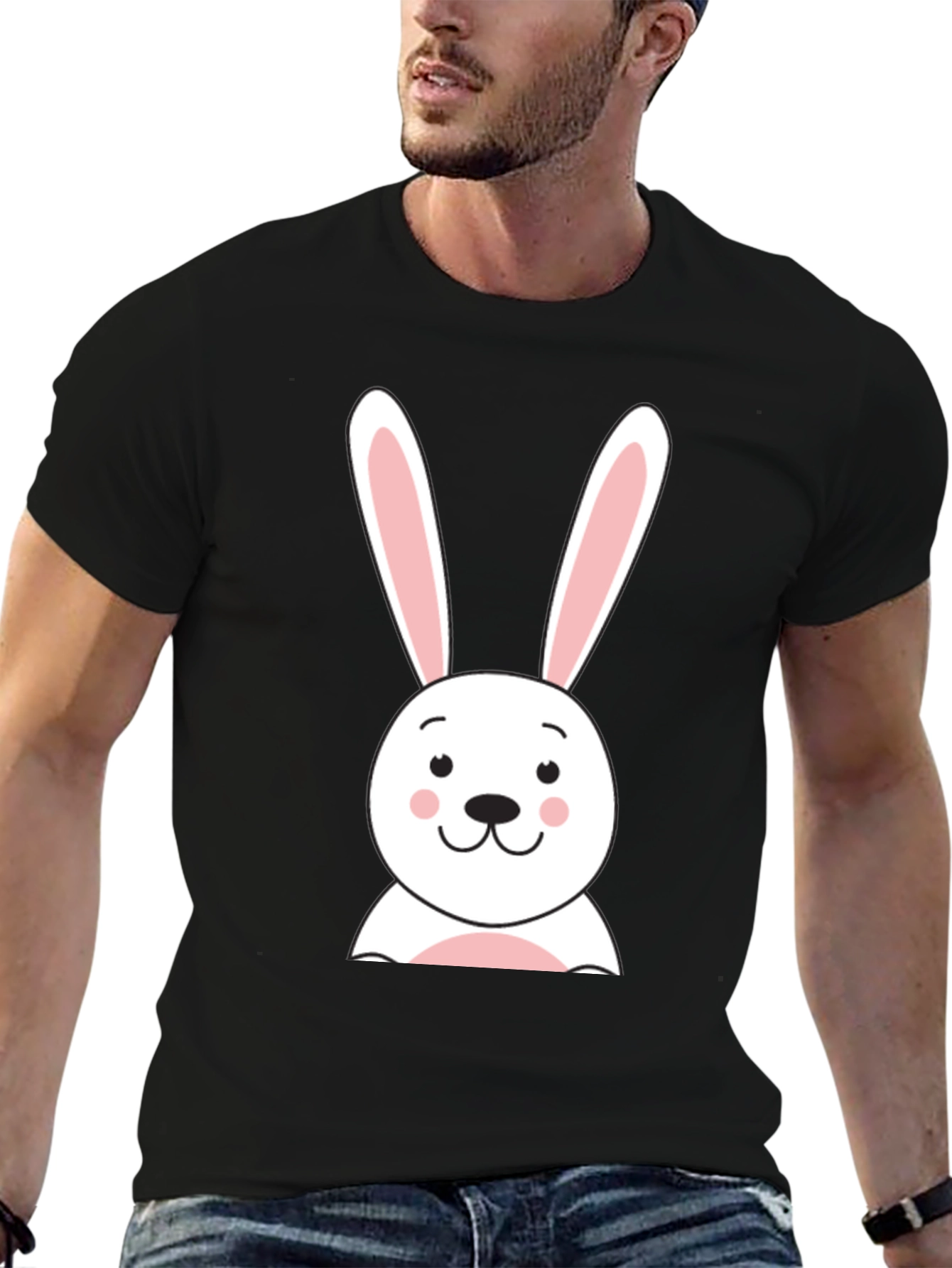 Cute Bunny Graphic Tee - Black Cotton T-Shirt
