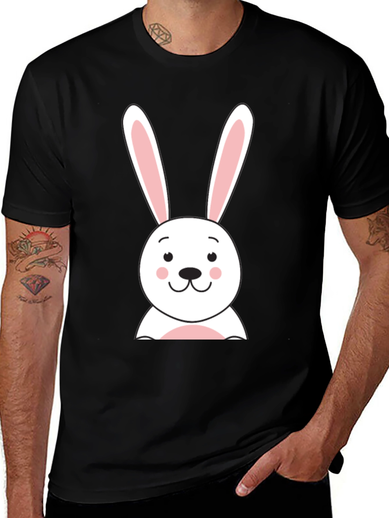 Cute Bunny Graphic Tee - Black Cotton T-Shirt
