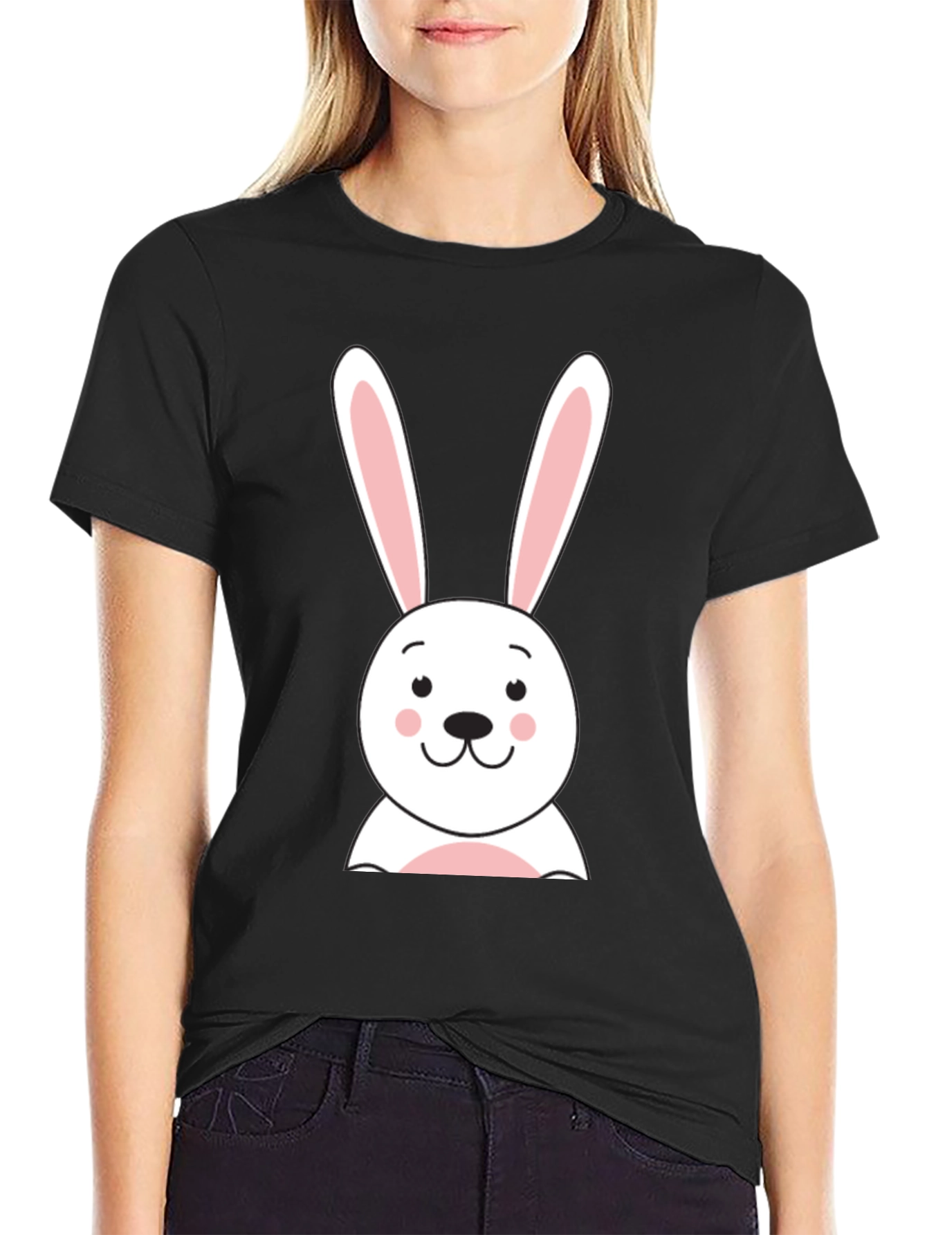 Cute Bunny Graphic Tee - Black Cotton T-Shirt