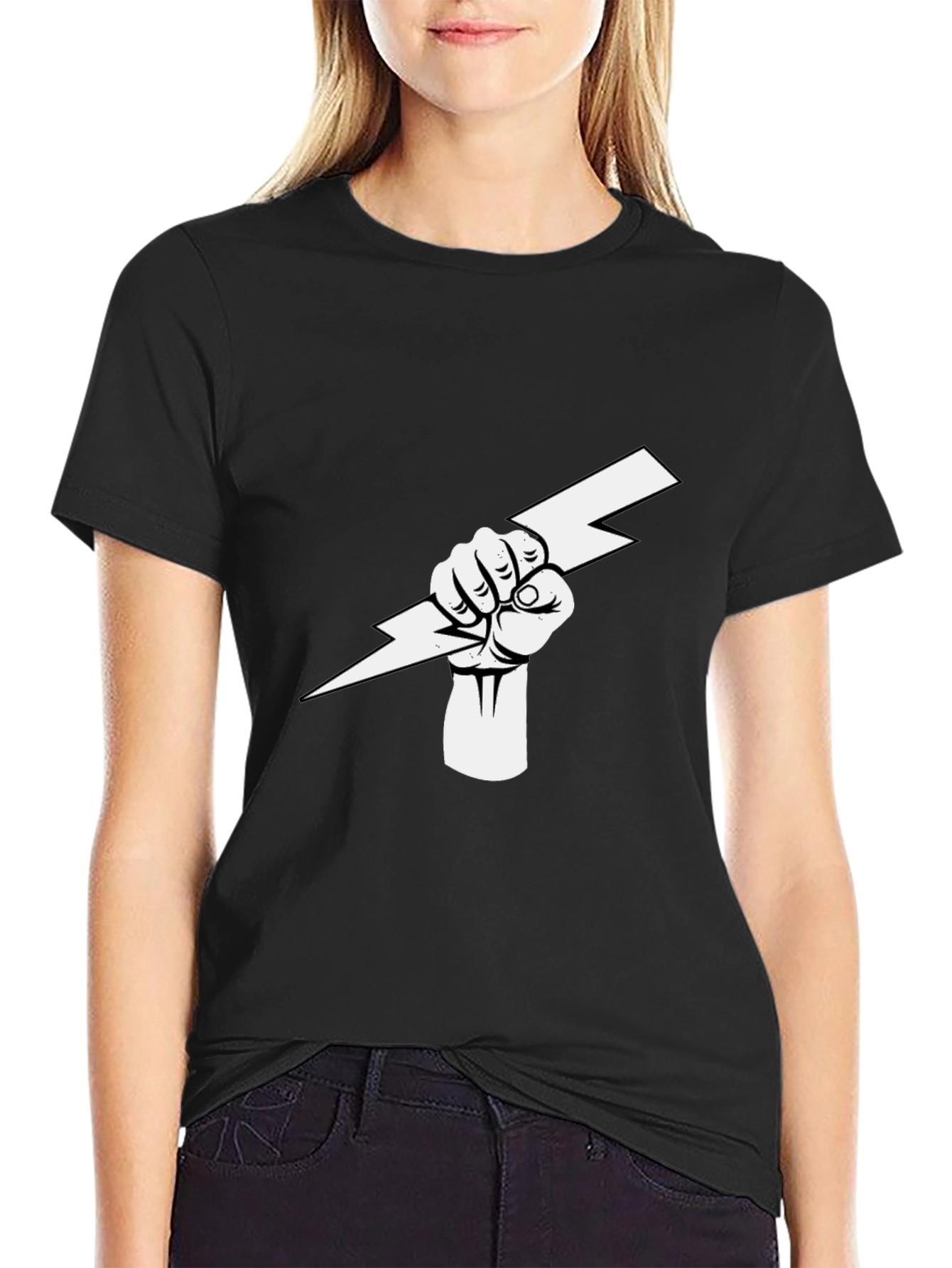 Black T-Shirt with Fist Holding Lightning Bolt