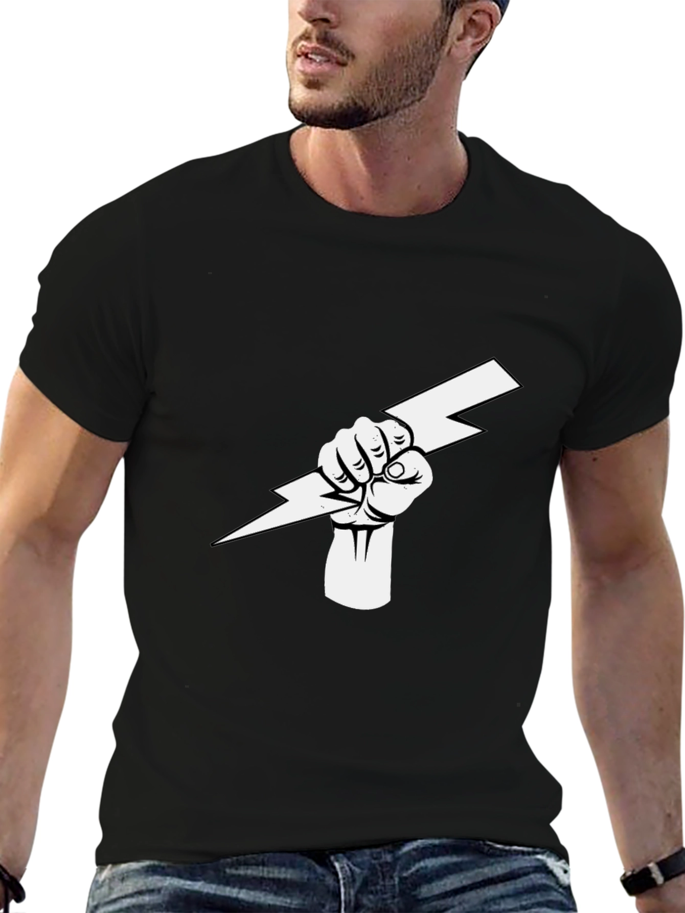Black T-Shirt with Fist Holding Lightning Bolt