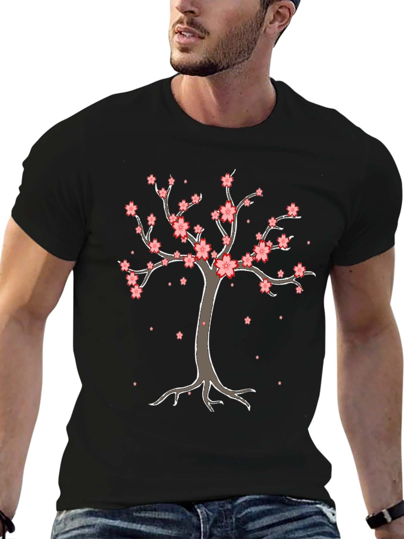 Cherry Blossom Tree Graphic Tee - Black Cotton T-Shirt