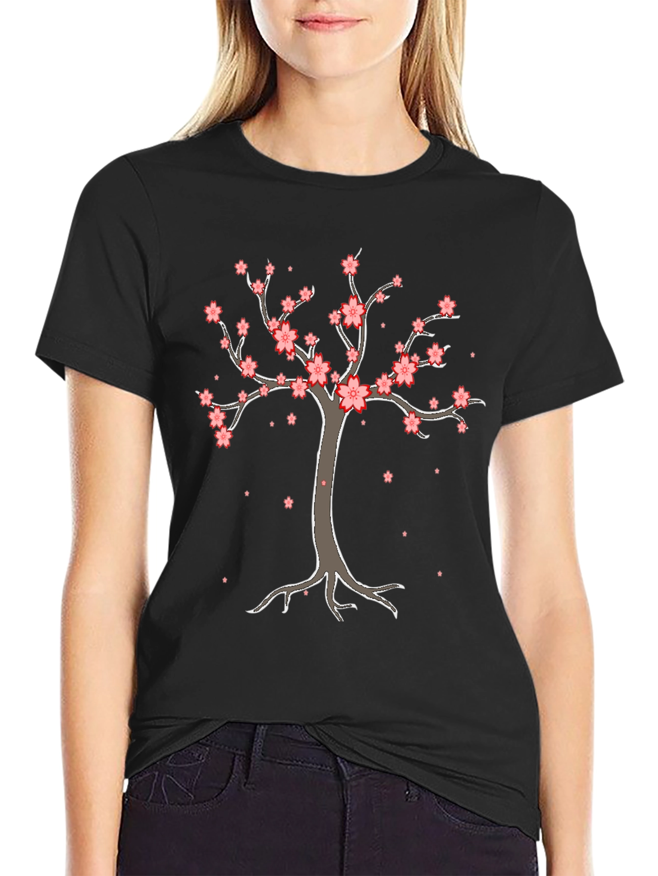 Cherry Blossom Tree Graphic Tee - Black Cotton T-Shirt