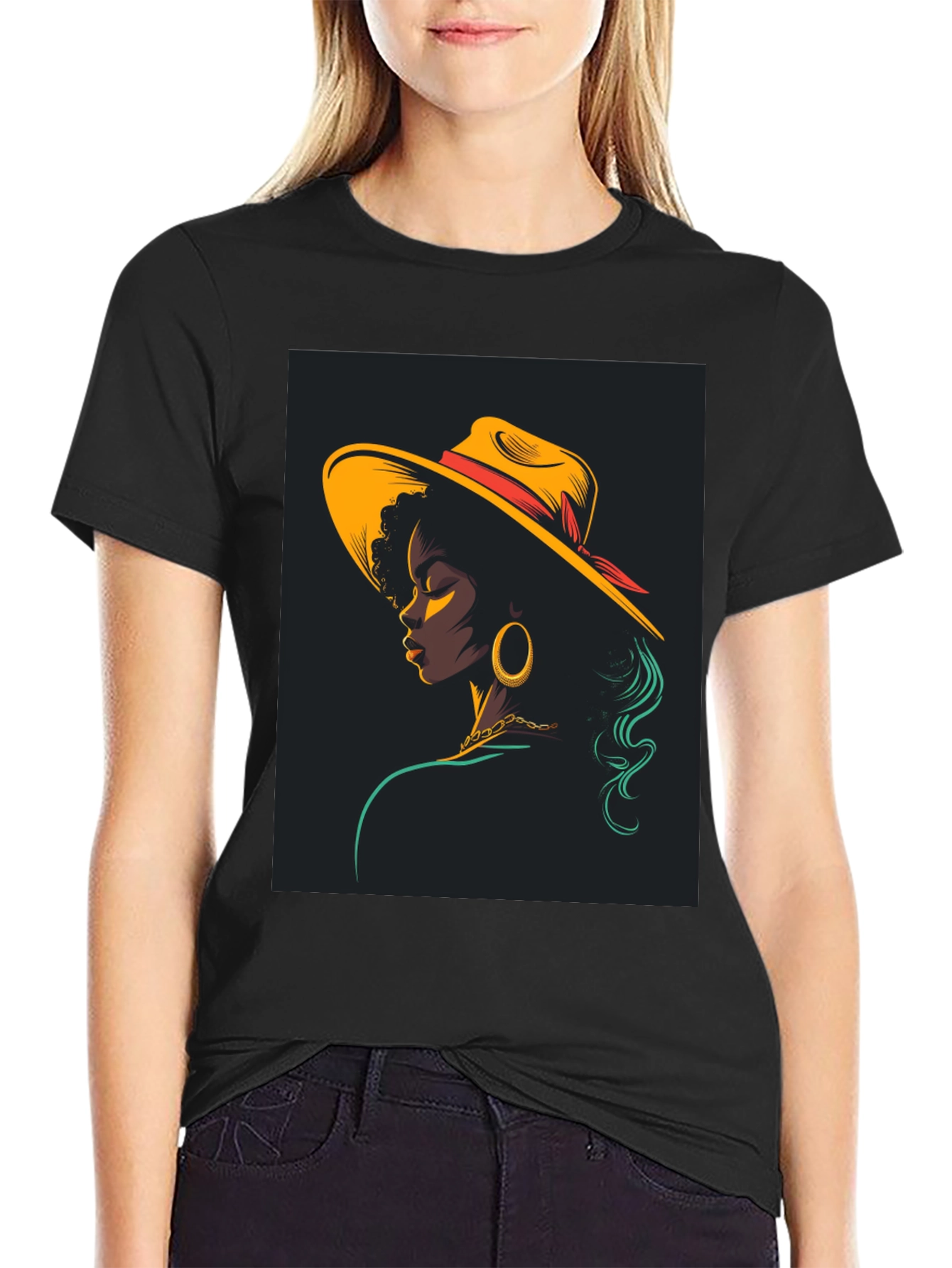 Stylish Black T-Shirt with Retro Woman Graphic