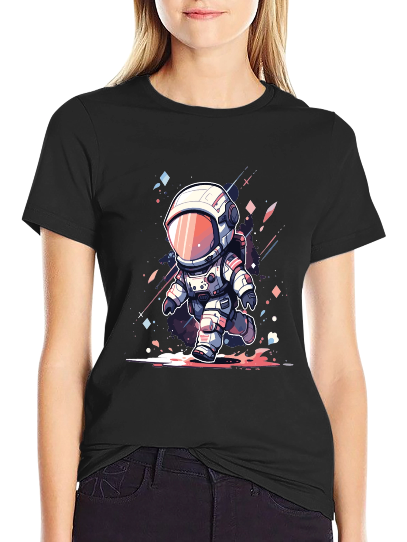 Cartoon Astronaut Black T-Shirt