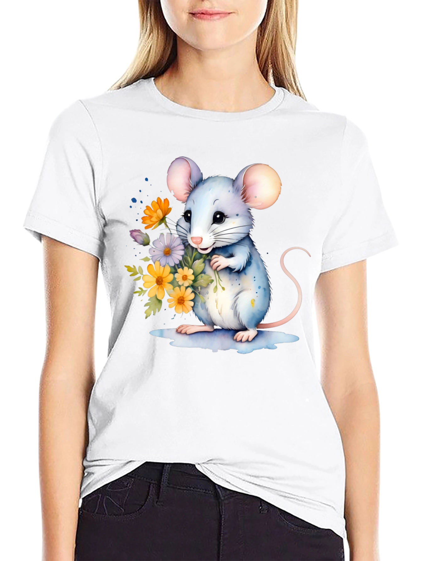 Cute Mouse With Flowers Graphic T-Shirt
