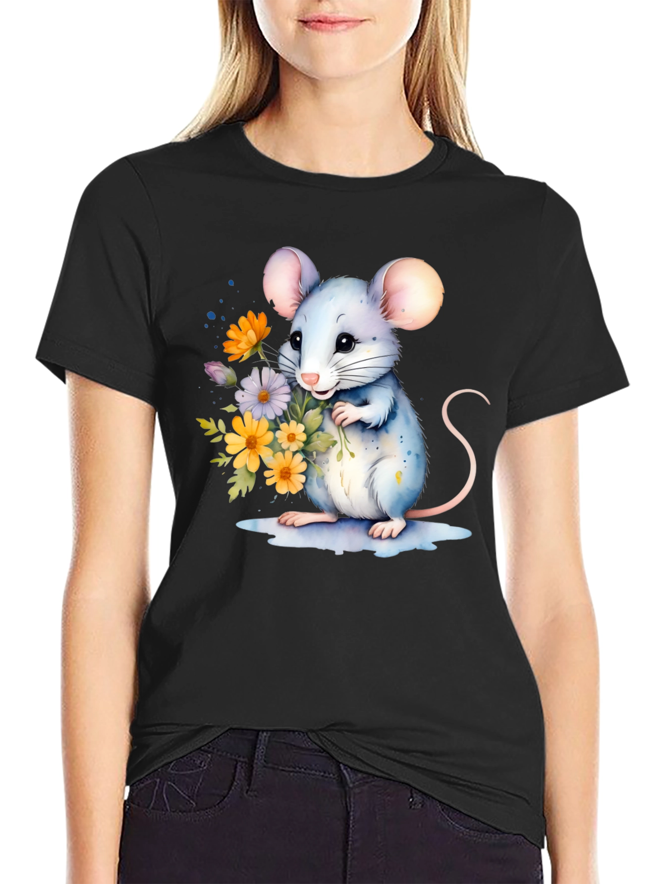Cute Mouse With Flowers Graphic T-Shirt