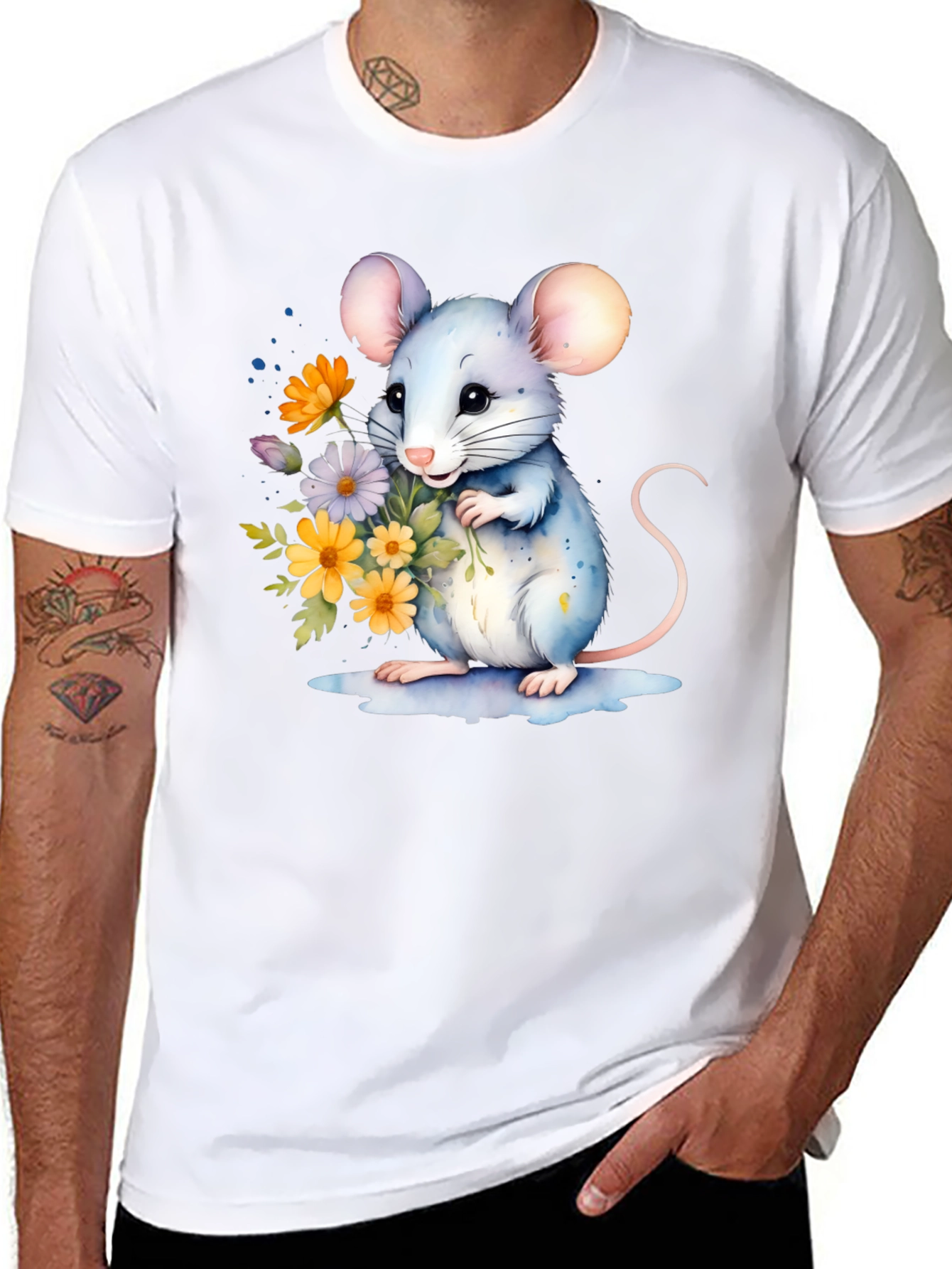 Cute Mouse With Flowers Graphic T-Shirt