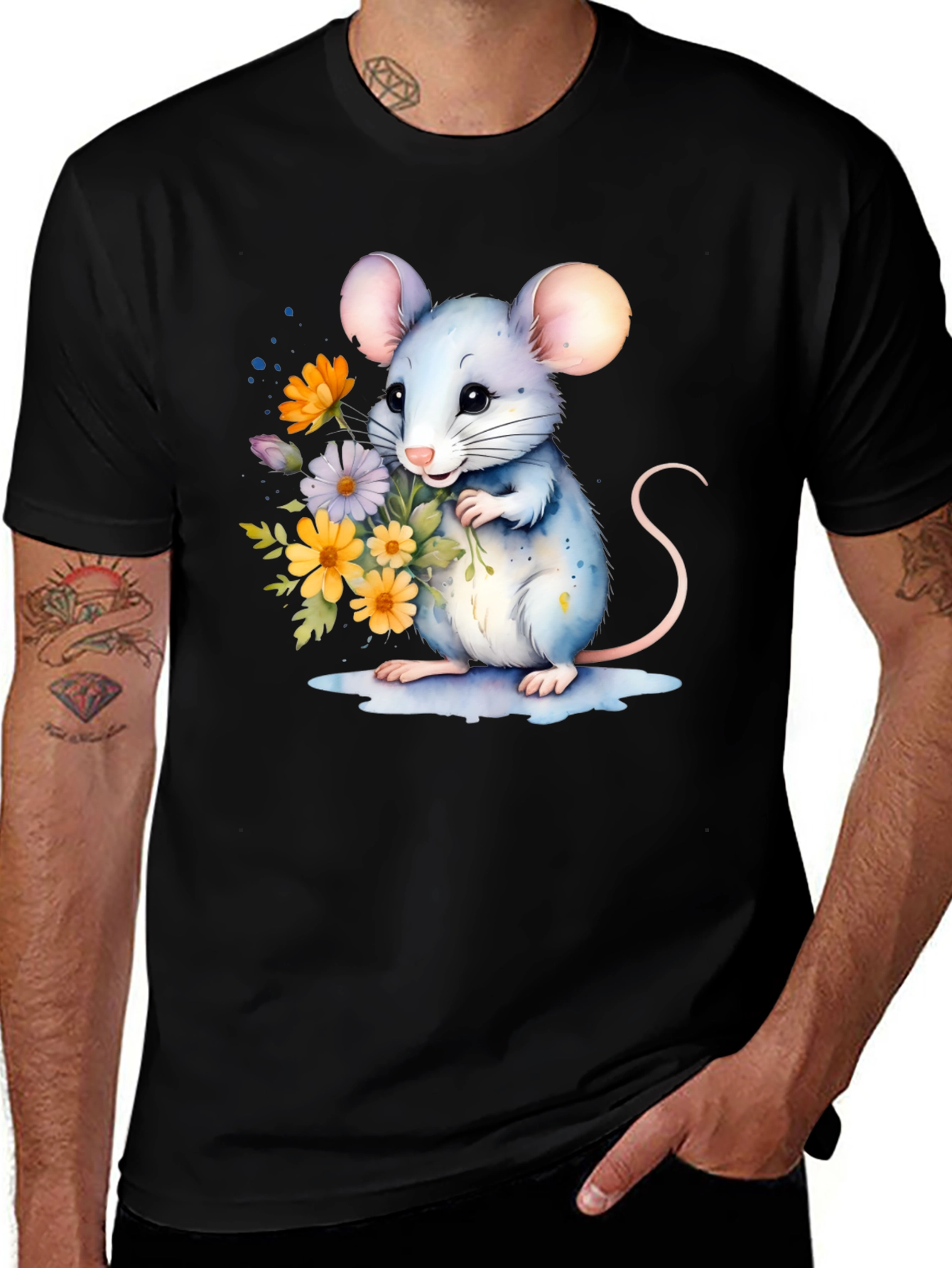 Cute Mouse With Flowers Graphic T-Shirt