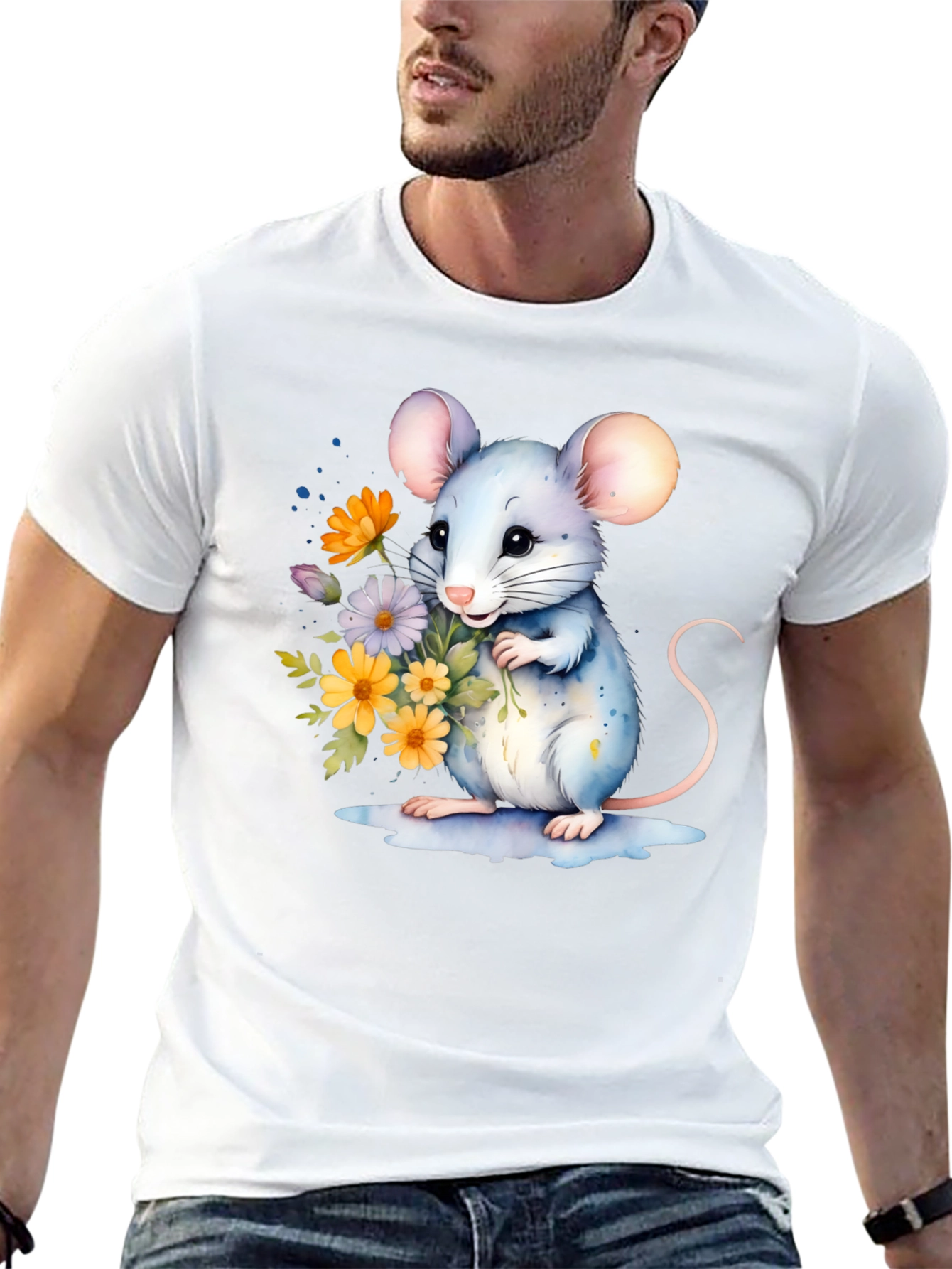 Cute Mouse With Flowers Graphic T-Shirt