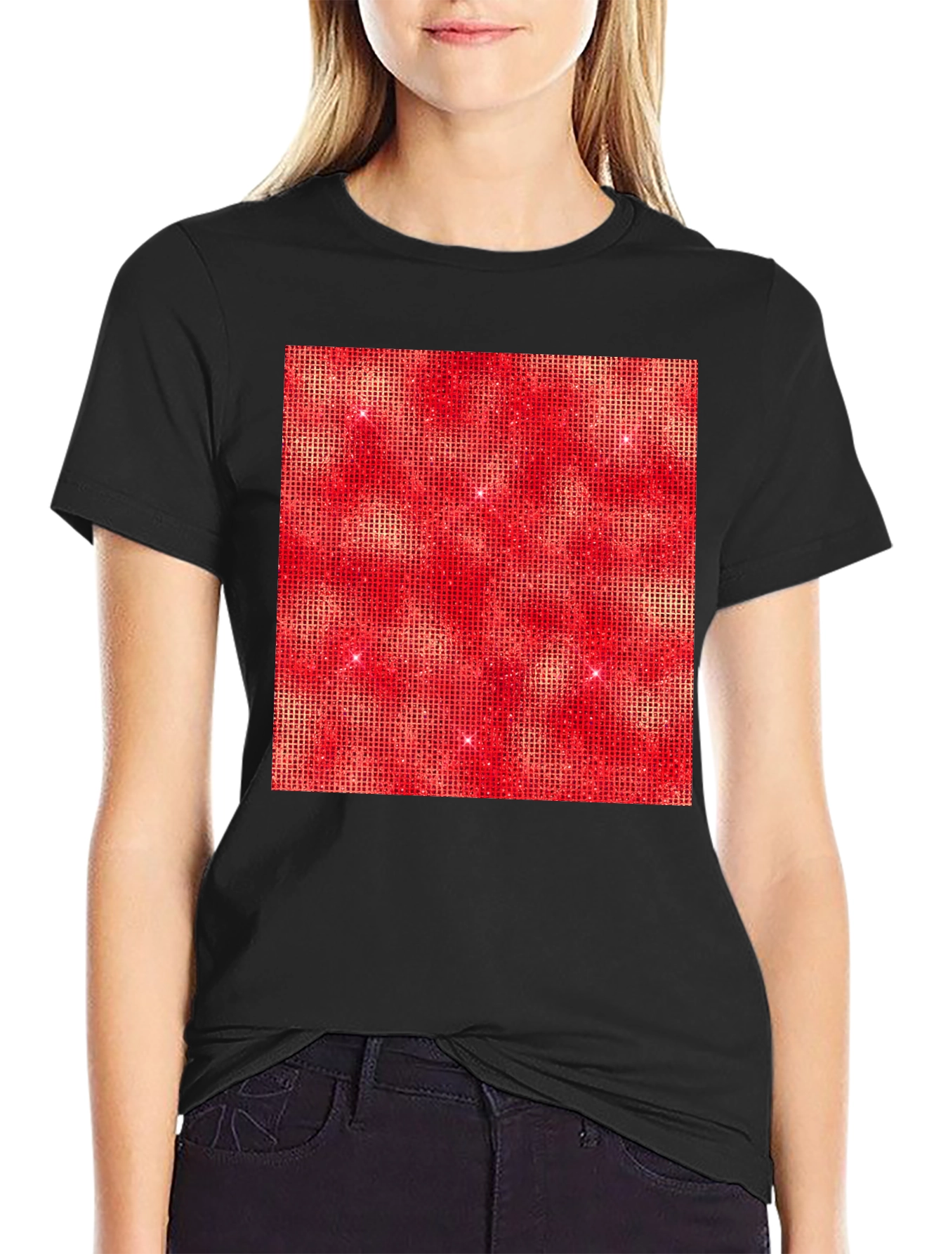 Red Square Design Black T-Shirt
