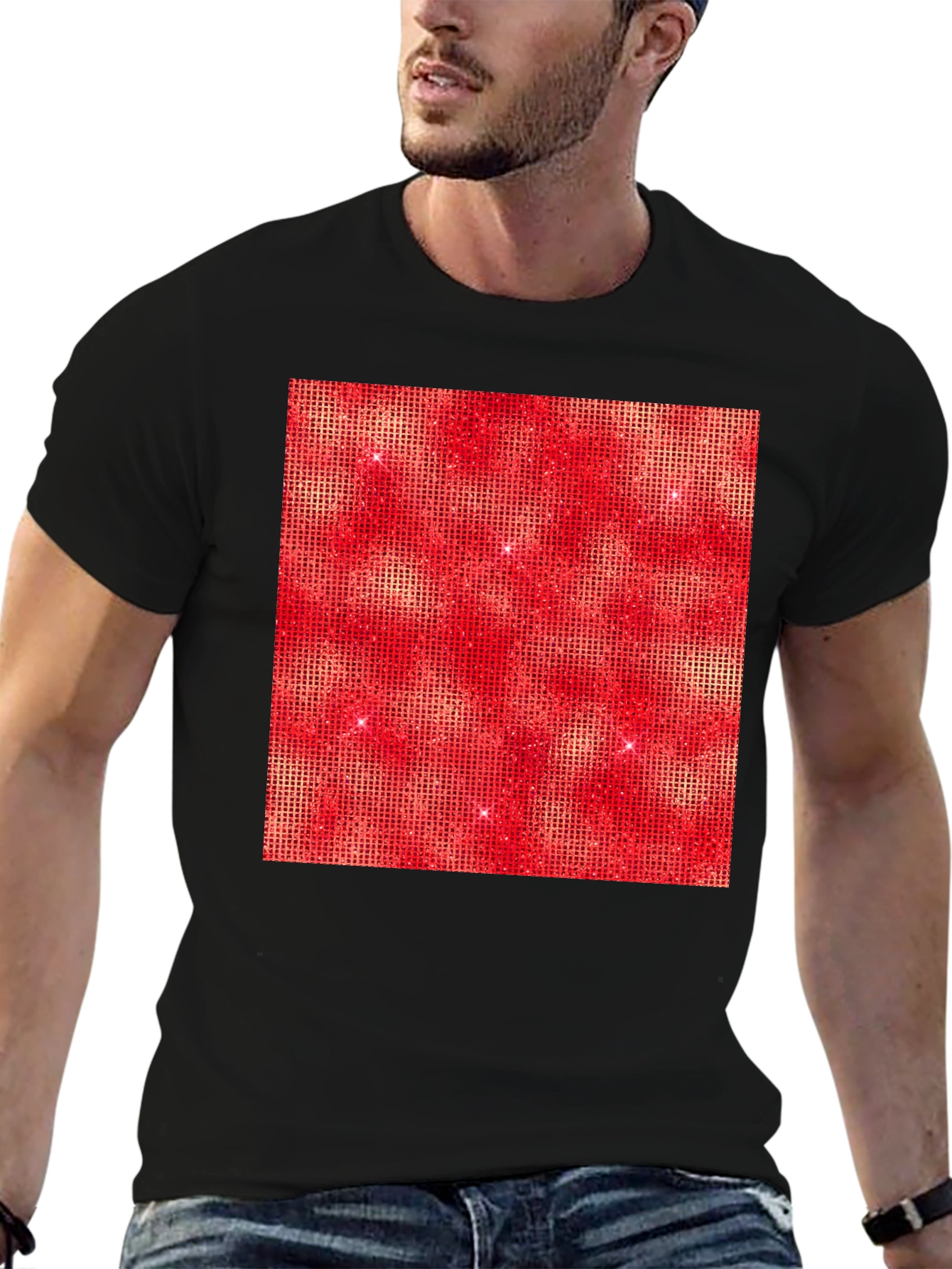 Red Square Design Black T-Shirt