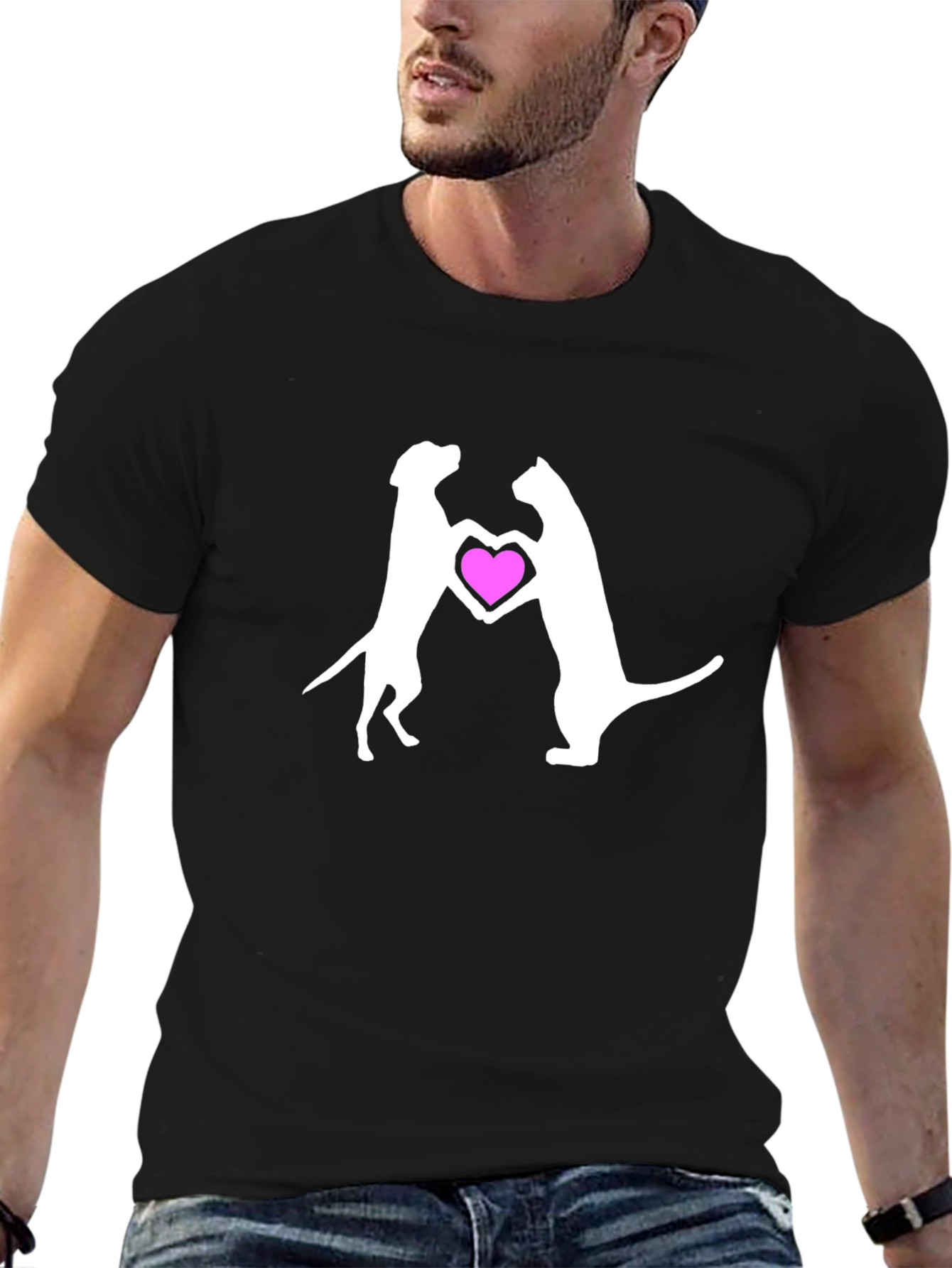 Dog & Cat Heart Graphic Black T-Shirt