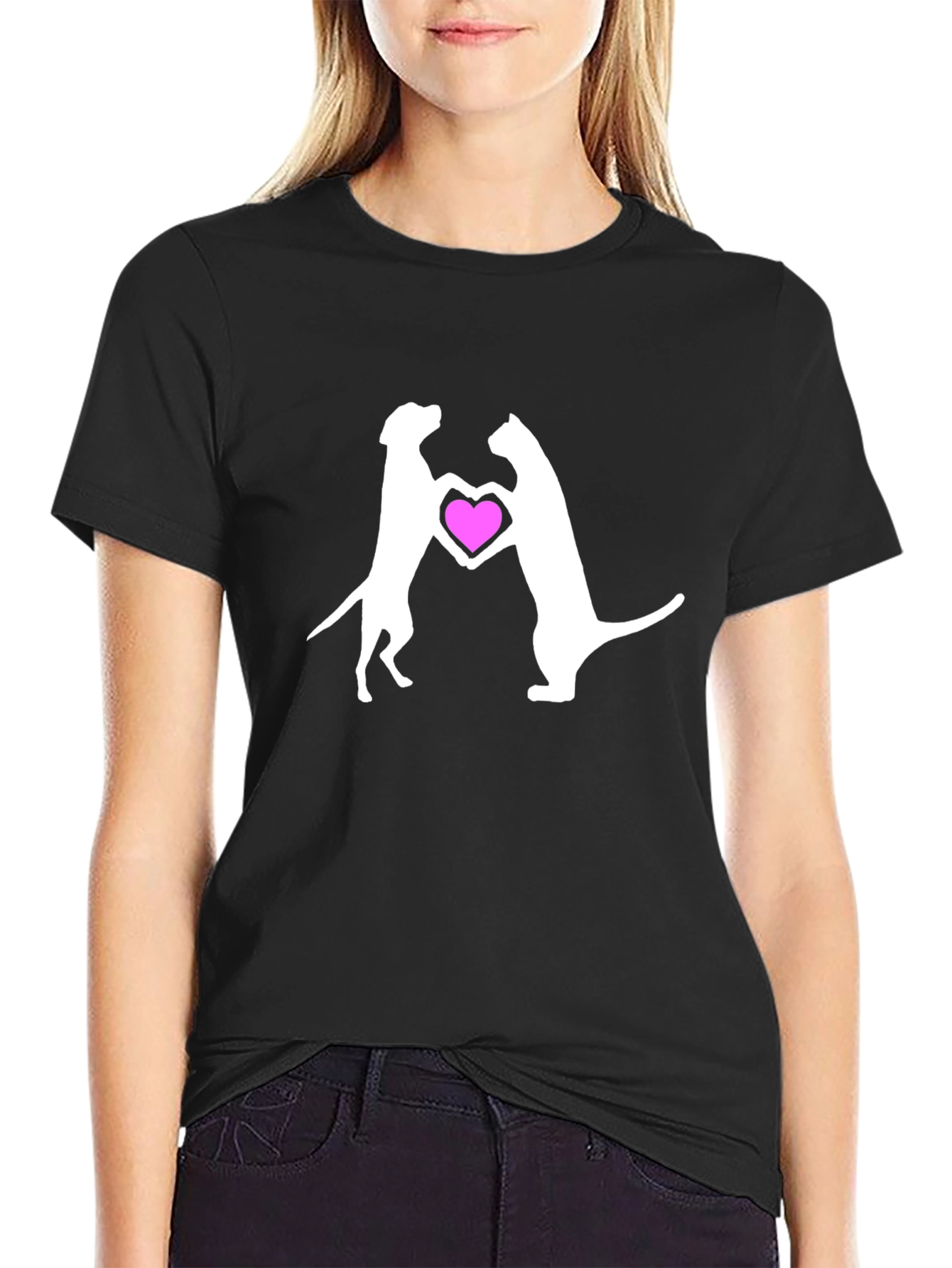 Dog & Cat Heart Graphic Black T-Shirt