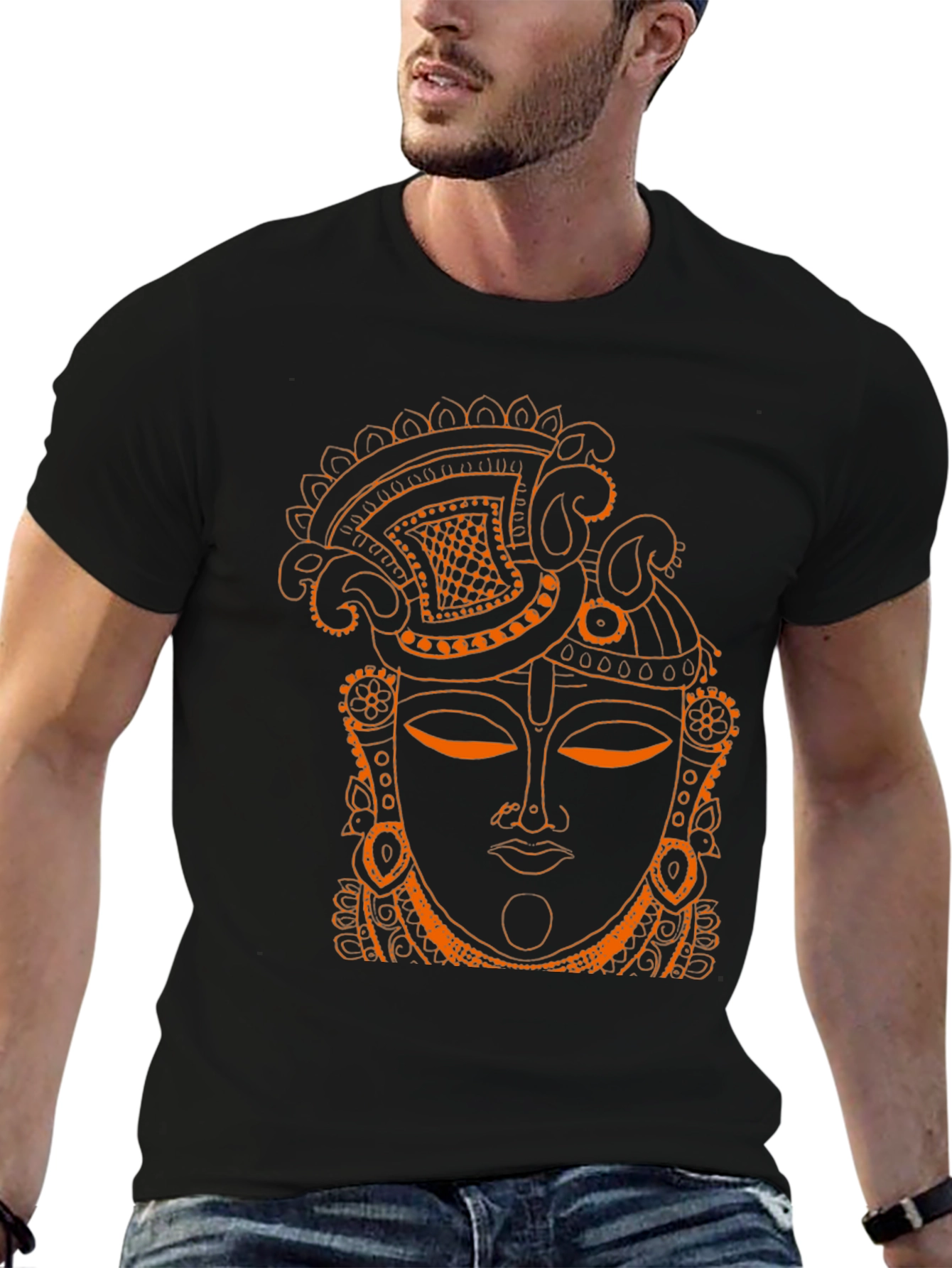 Ornate Face Graphic Tee - Artistic Black T-Shirt