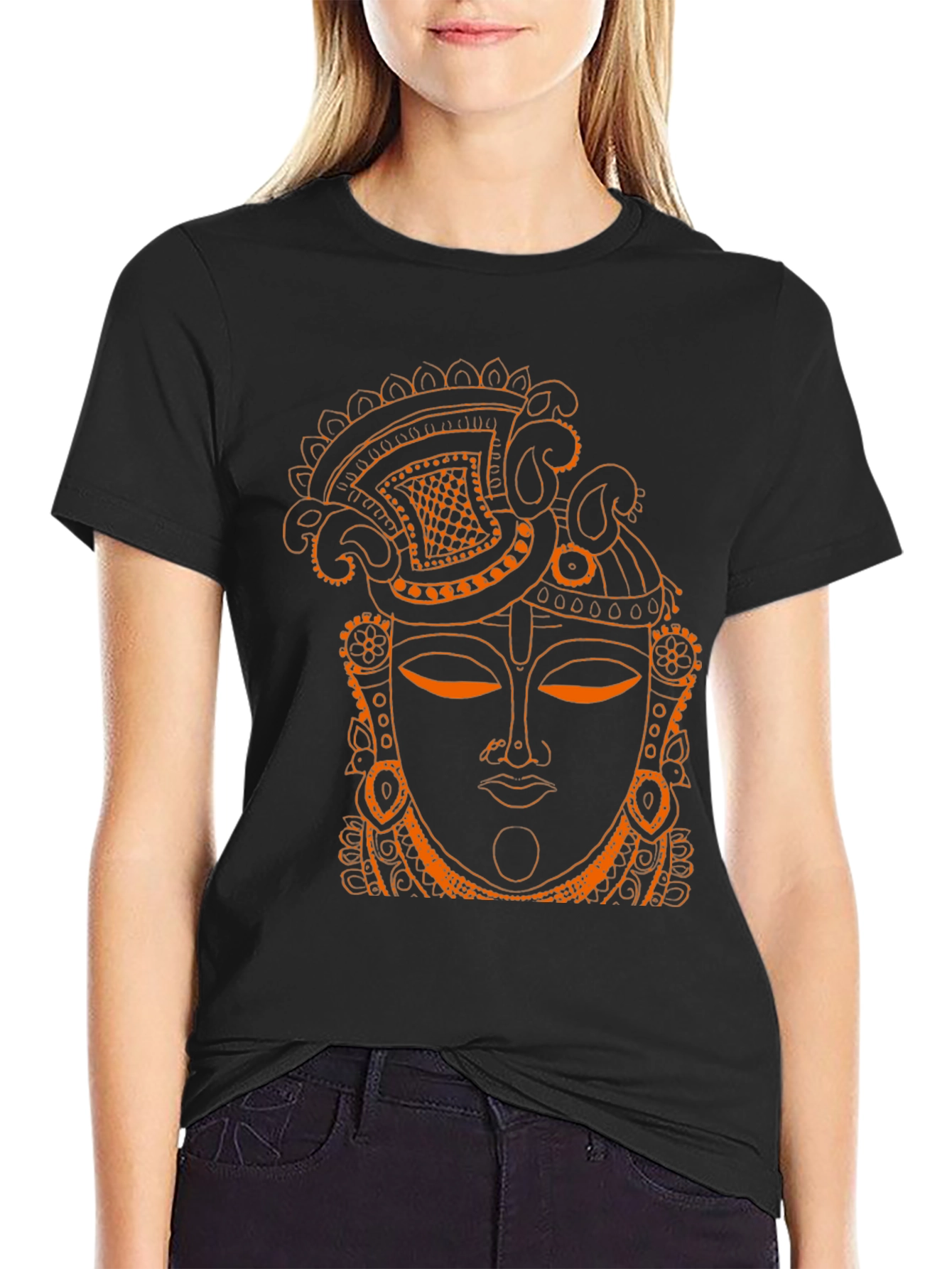 Ornate Face Graphic Tee - Artistic Black T-Shirt