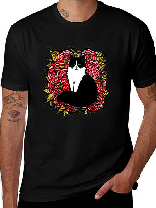 Cat & Roses Graphic Tee - Stylish Unisex Black T-Shirt