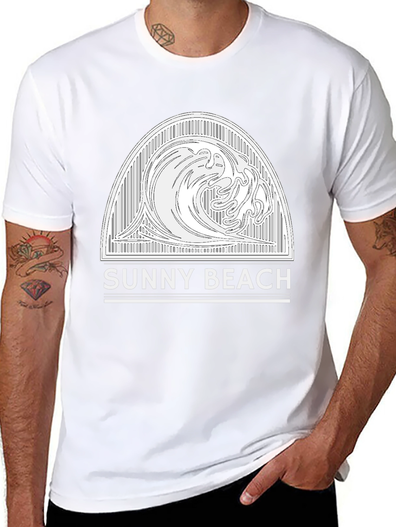 Sunny Beach Wave Graphic Tee - Black Cotton T-Shirt
