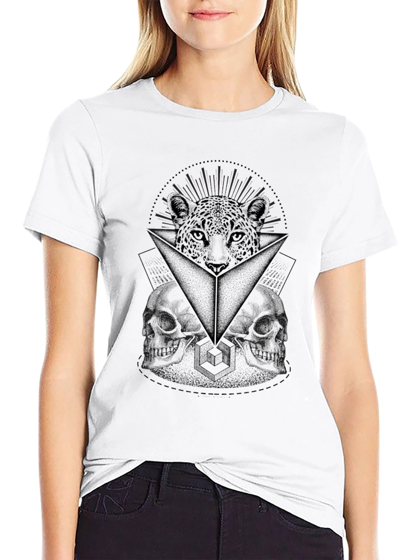 Graphic Print T-Shirt: Leopard & Skulls