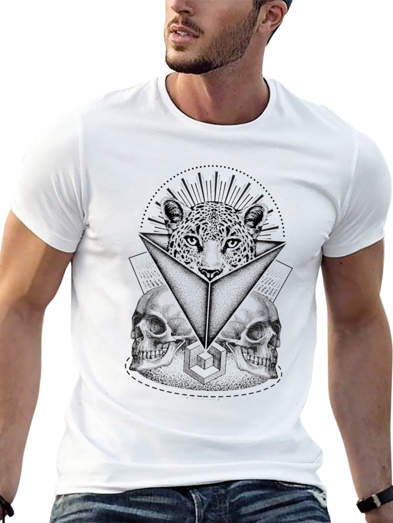 Graphic Print T-Shirt: Leopard & Skulls