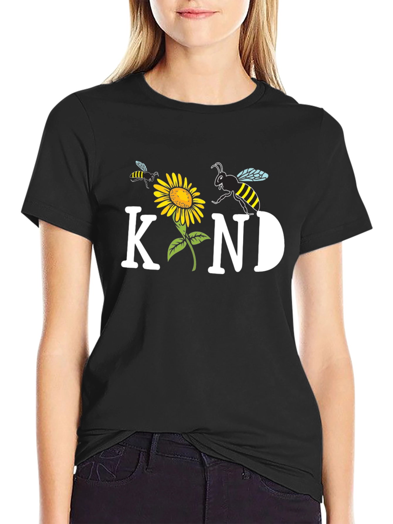 Kind Bee Sunflower Graphic Tee - Unisex Black T-Shirt
