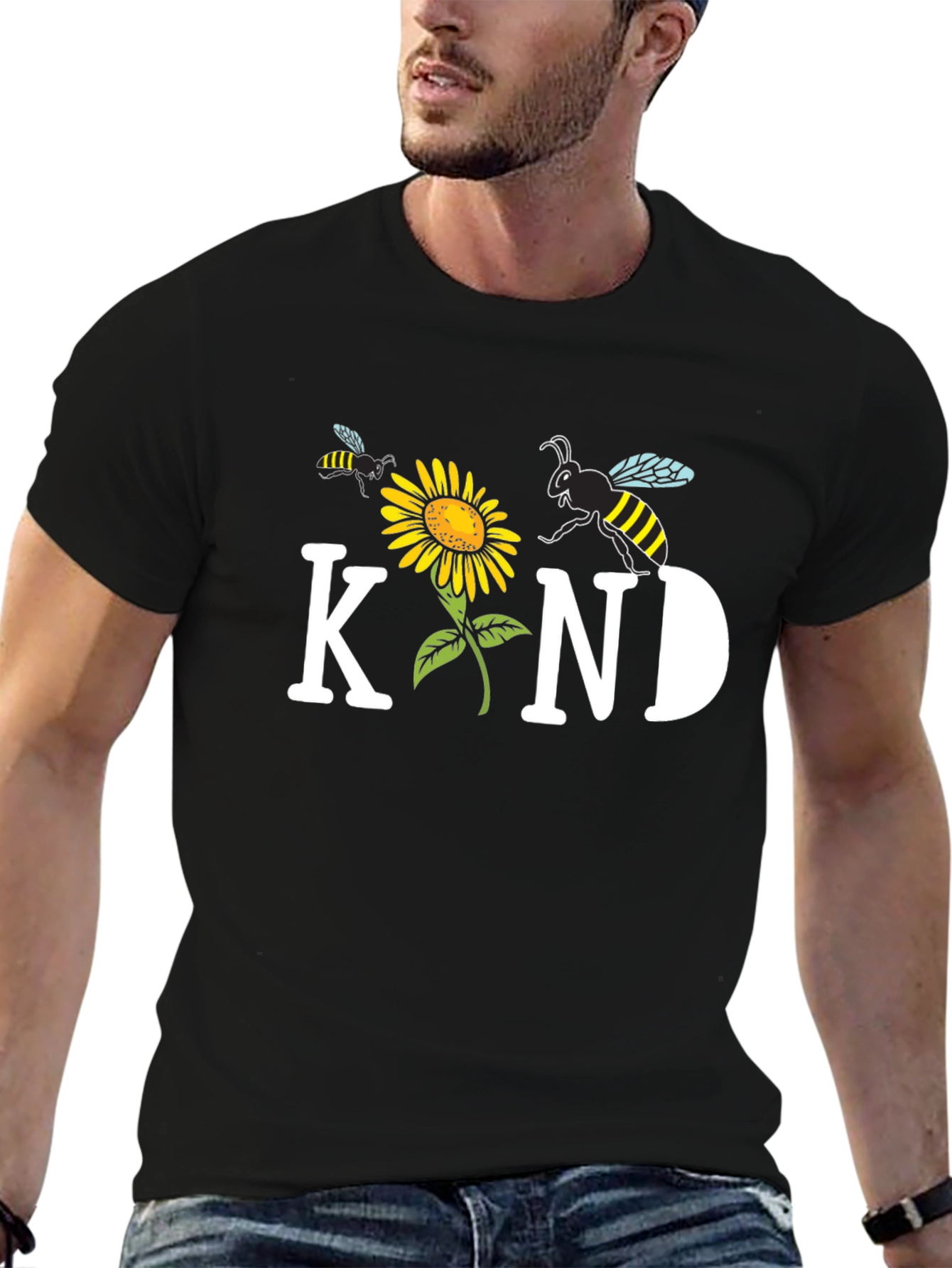 Kind Bee Sunflower Graphic Tee - Unisex Black T-Shirt