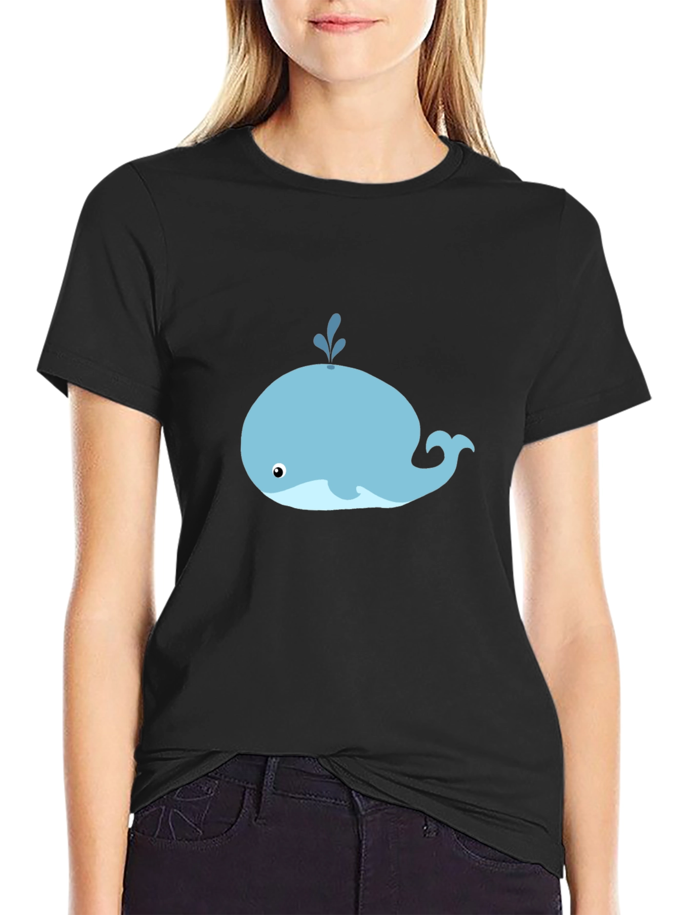 Cute Whale Graphic Tee - Black Cotton T-Shirt