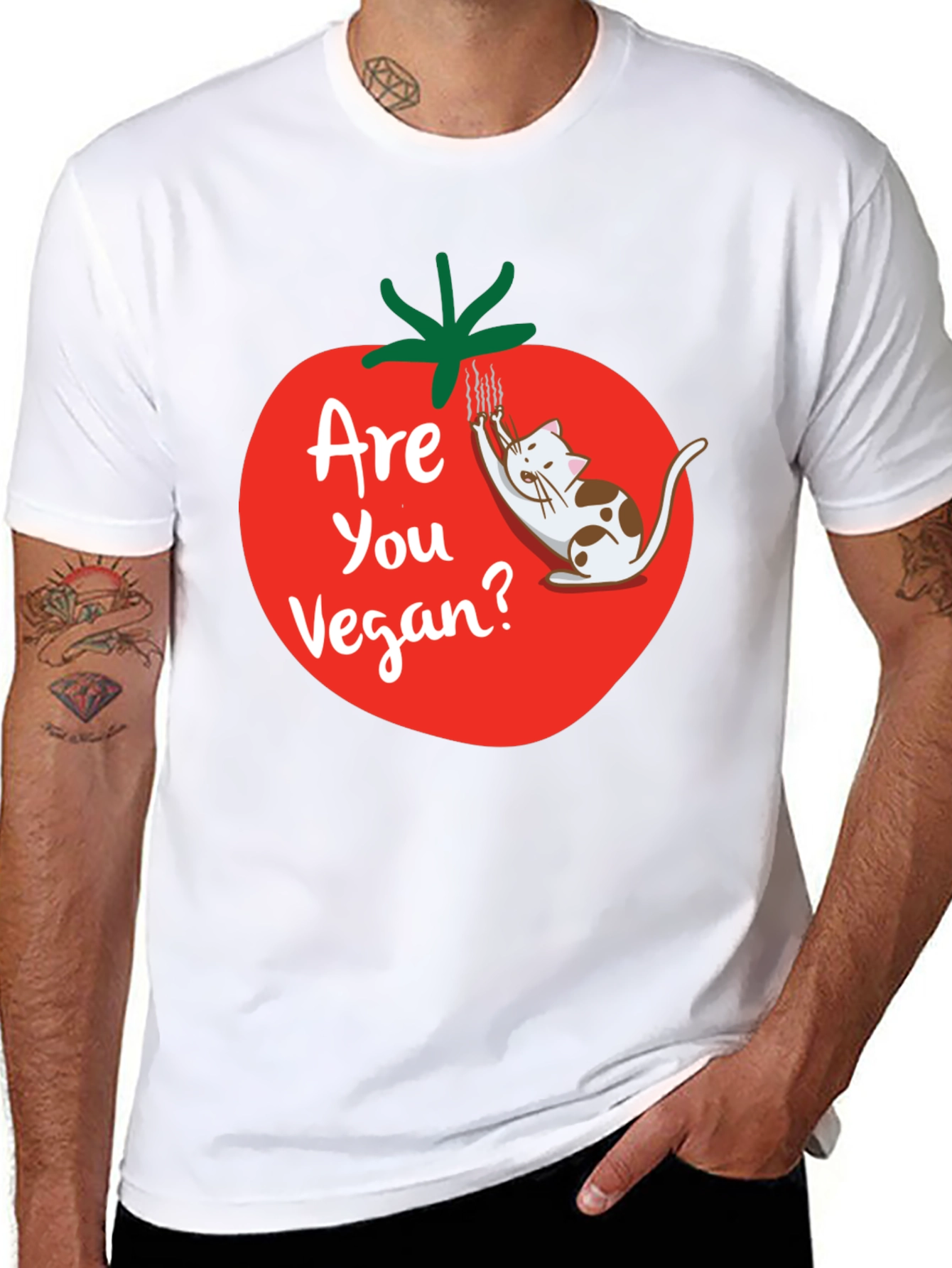 Funny Vegan T-Shirt - Cat and Tomato Design