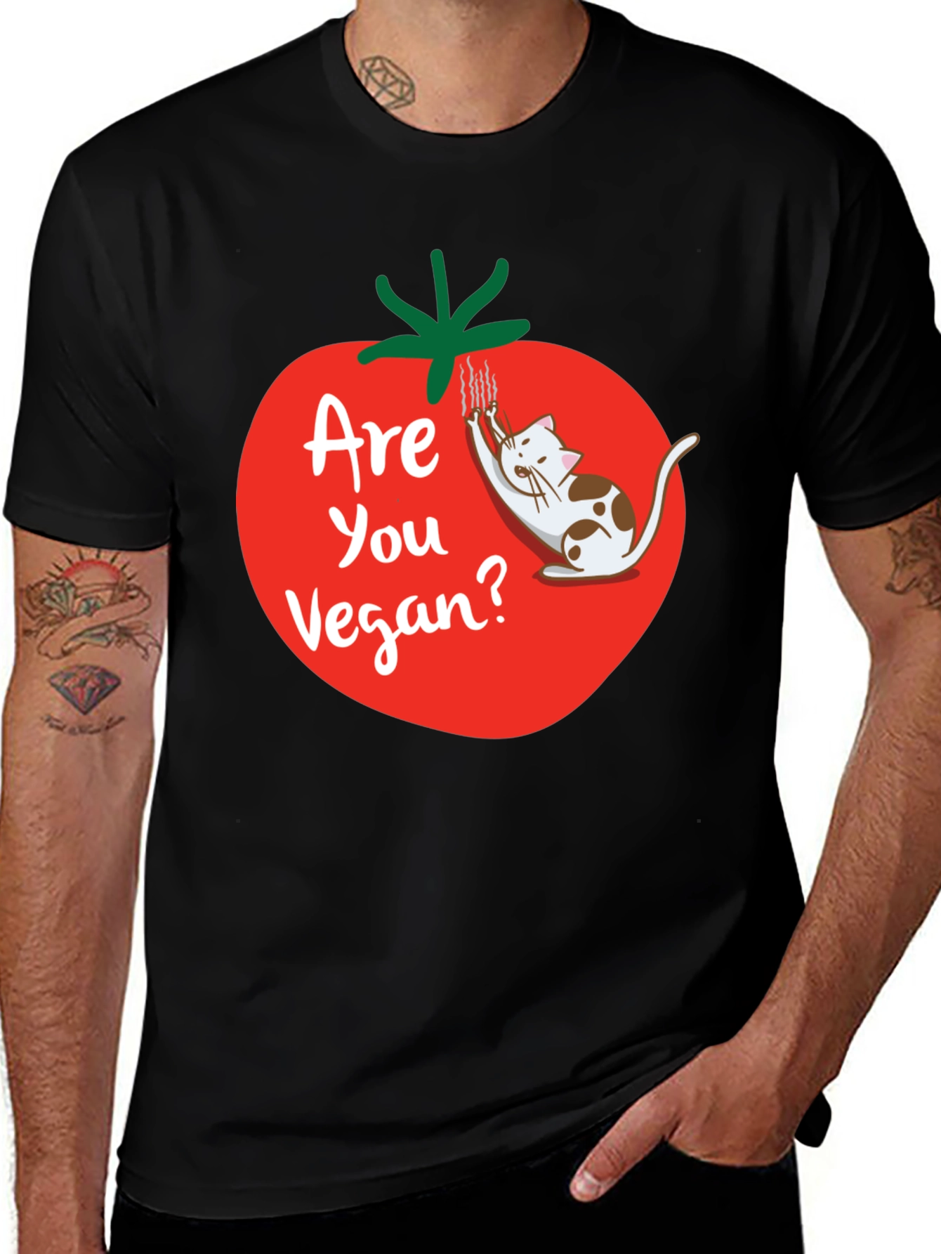 Funny Vegan T-Shirt - Cat and Tomato Design