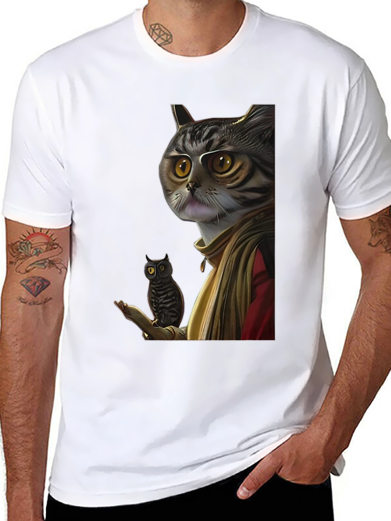 Cat Wizard with Owl Graphic Tee