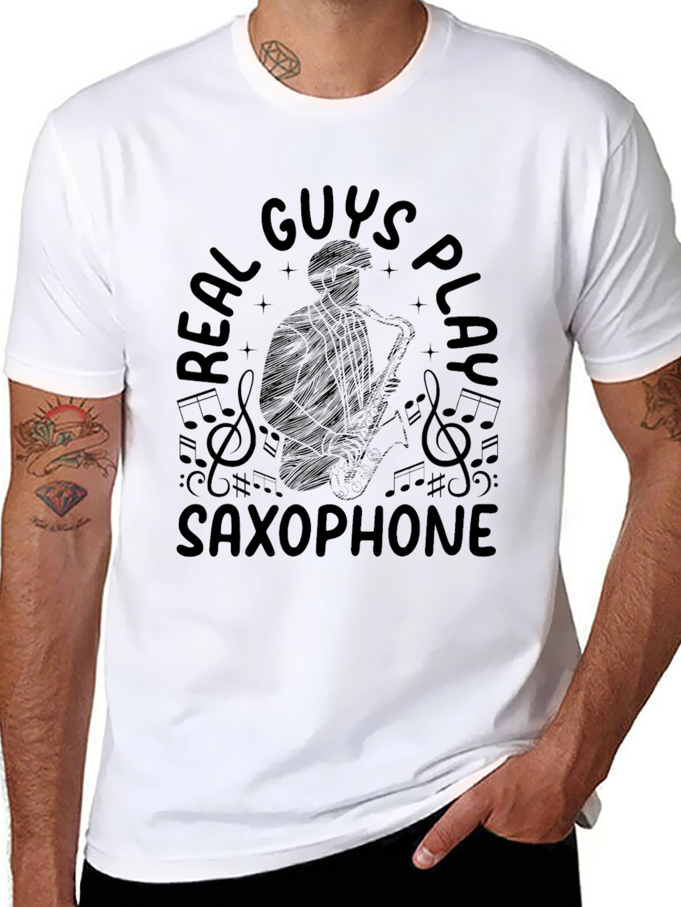 Real Guys Play Saxophone Black Graphic T-Shirt