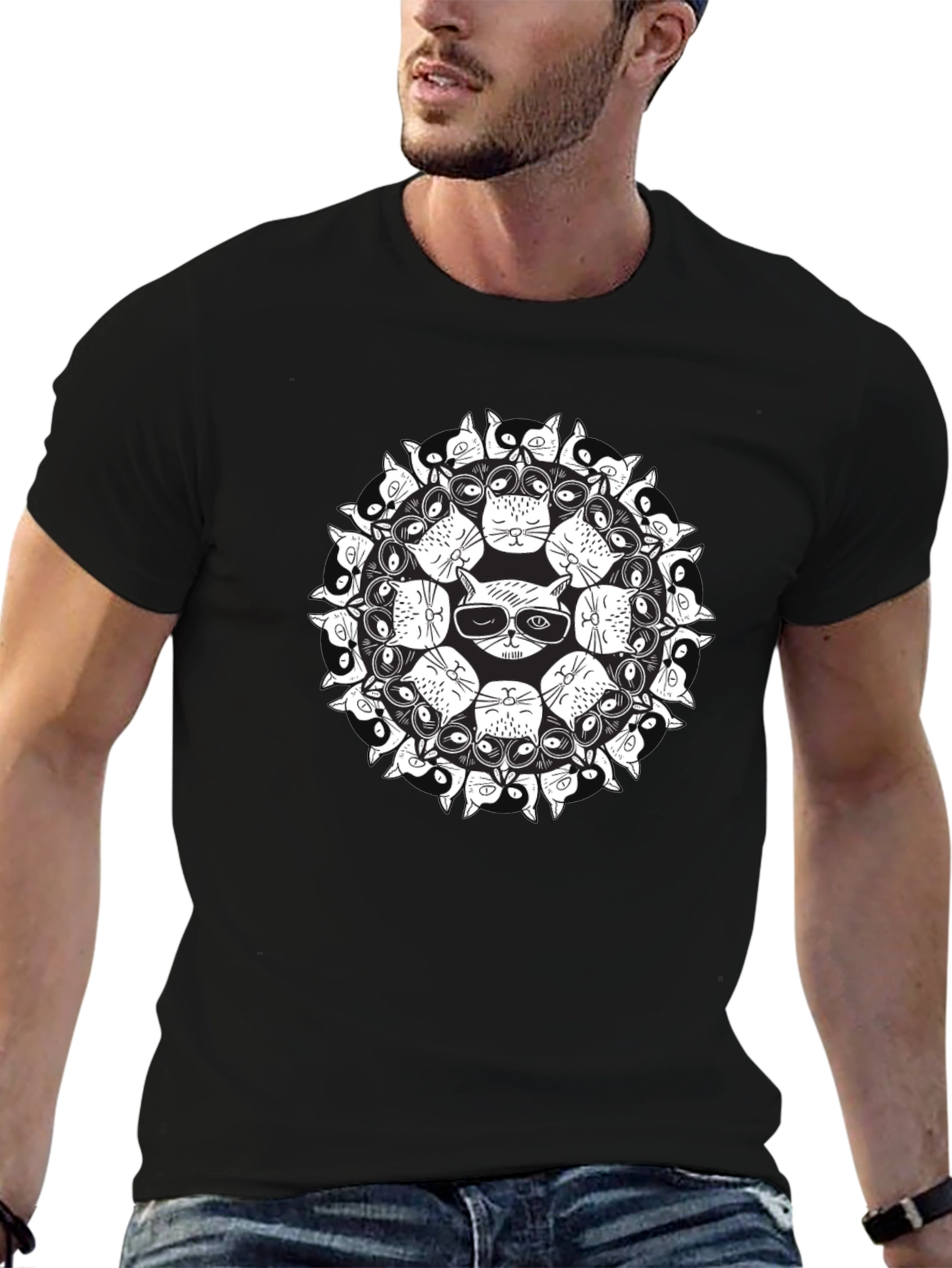 Cat Mandala Graphic Black T-Shirt
