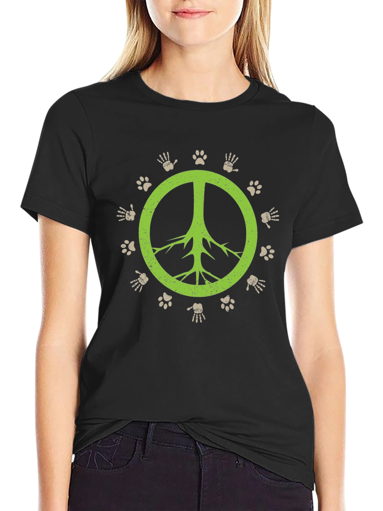Peace Sign T-Shirt - Animal Paw Prints & Hand